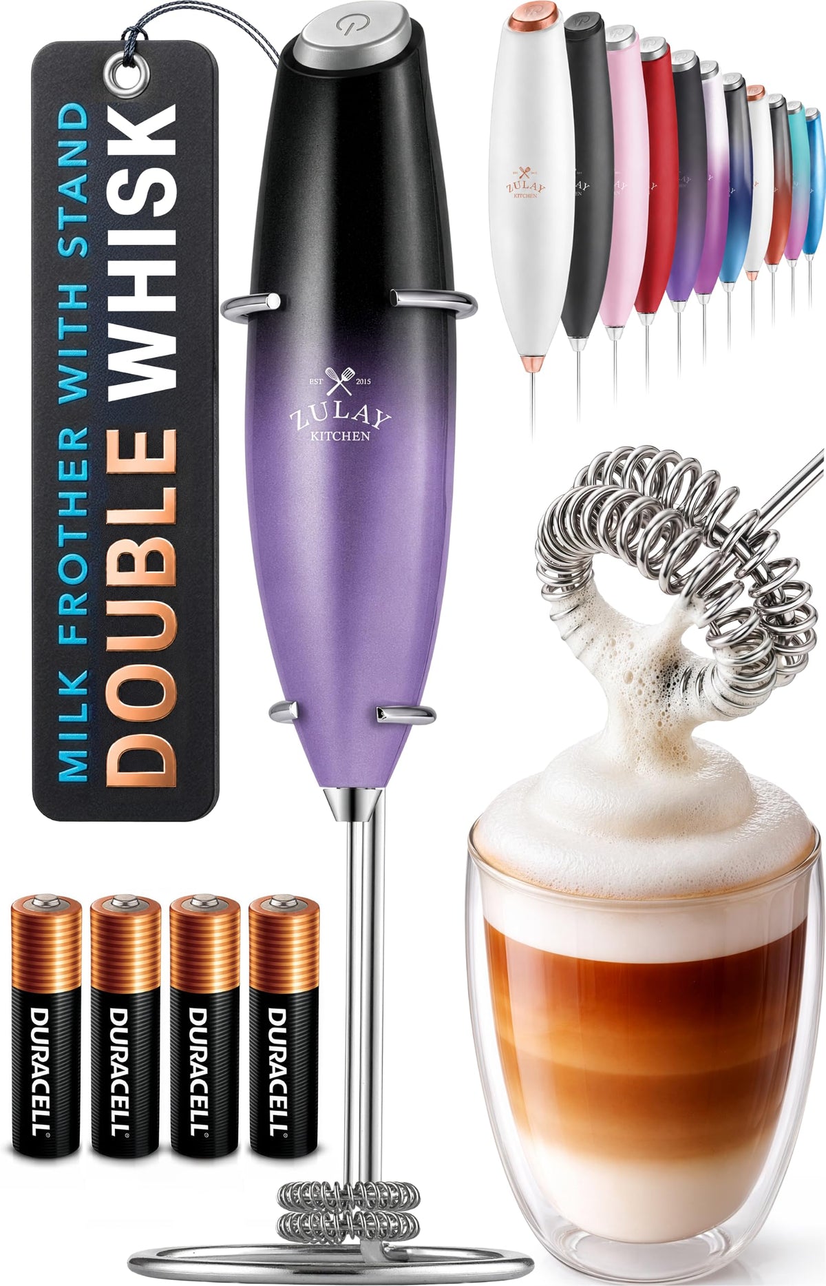Zulay Kitchen Rechargeable Milk Frother Handheld - Frother Wand, Drink Mixer, Electric Whisk Frother, for Cappuccinos, Matcha & Protein Powder - Lux 4 Whisk 2 Speed Waterproof 2000mAh Alpha Black