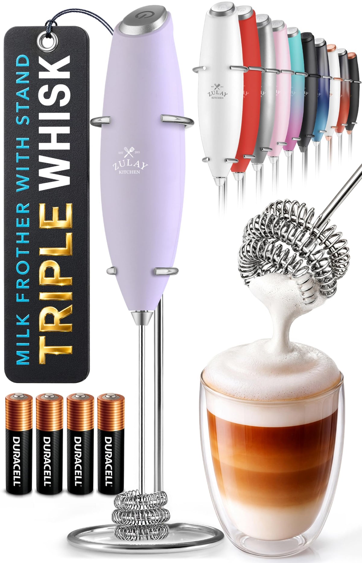 Zulay Kitchen Rechargeable Milk Frother Handheld - Frother Wand, Drink Mixer, Electric Whisk Frother, for Cappuccinos, Matcha & Protein Powder - Lux 4 Whisk 2 Speed Waterproof 2000mAh Alpha Black