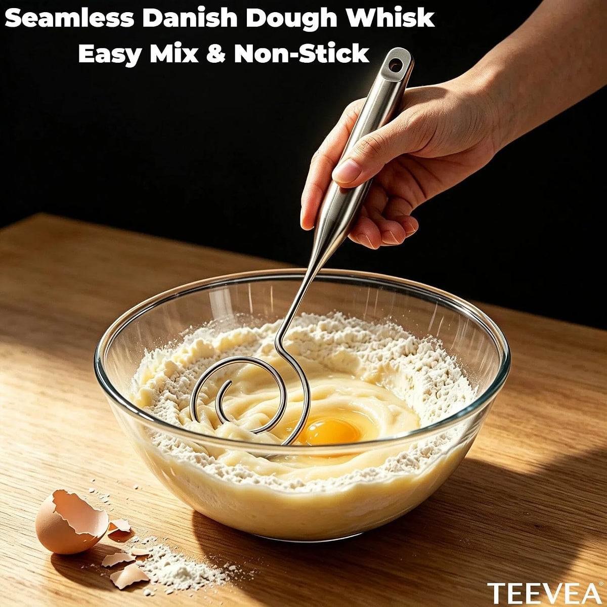 TEEVEA Danish Dough Whisk Seamless Stainless Steel for Sourdough Bread