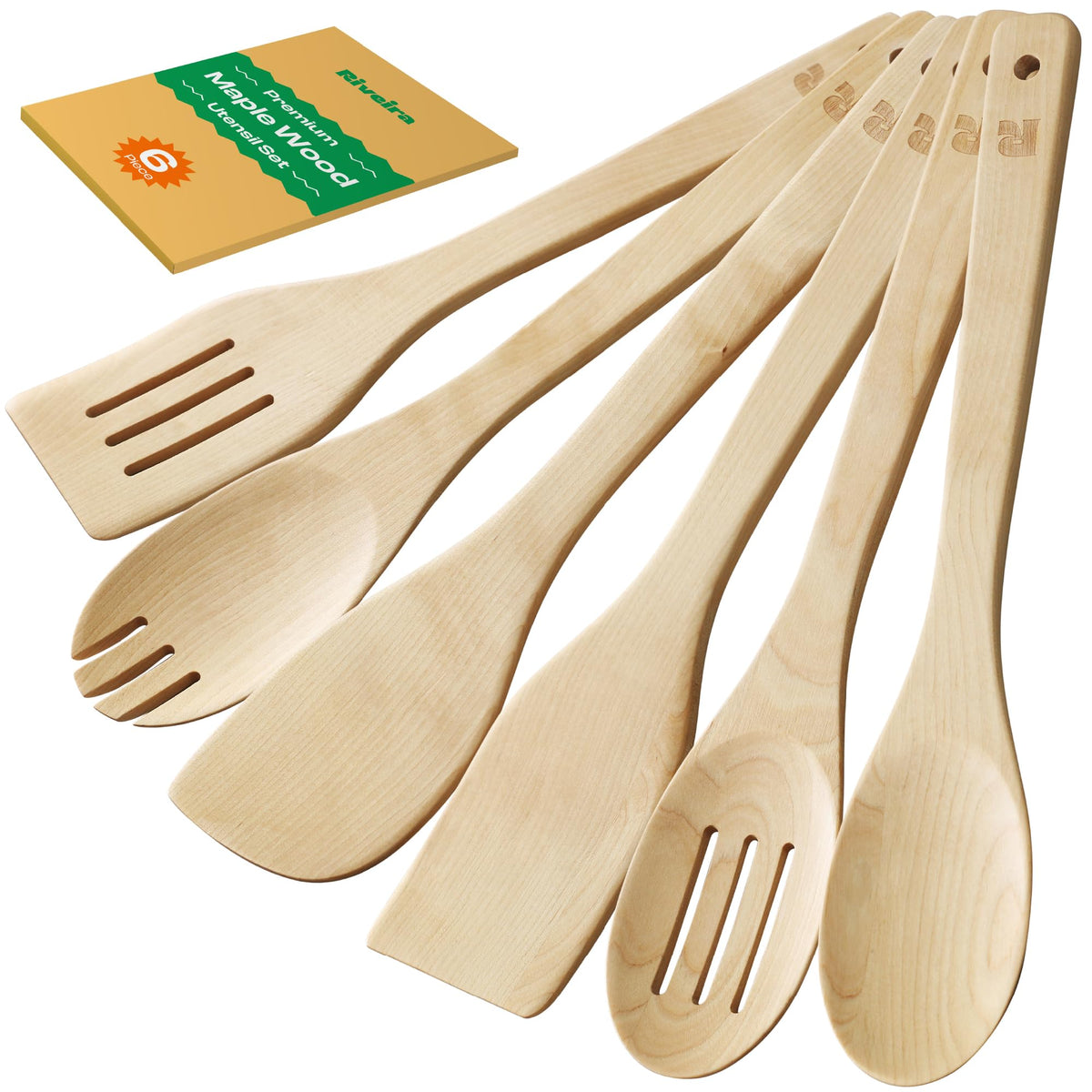 Riveira Bamboo Cooking Spoons 6-Piece – Wooden Cooking Utensils Set with Wooden Spoons for Cooking & Spatulas Wooden Utensil Sets – Premium Kitchen Utensils Set – Durable First Apartment Essentials