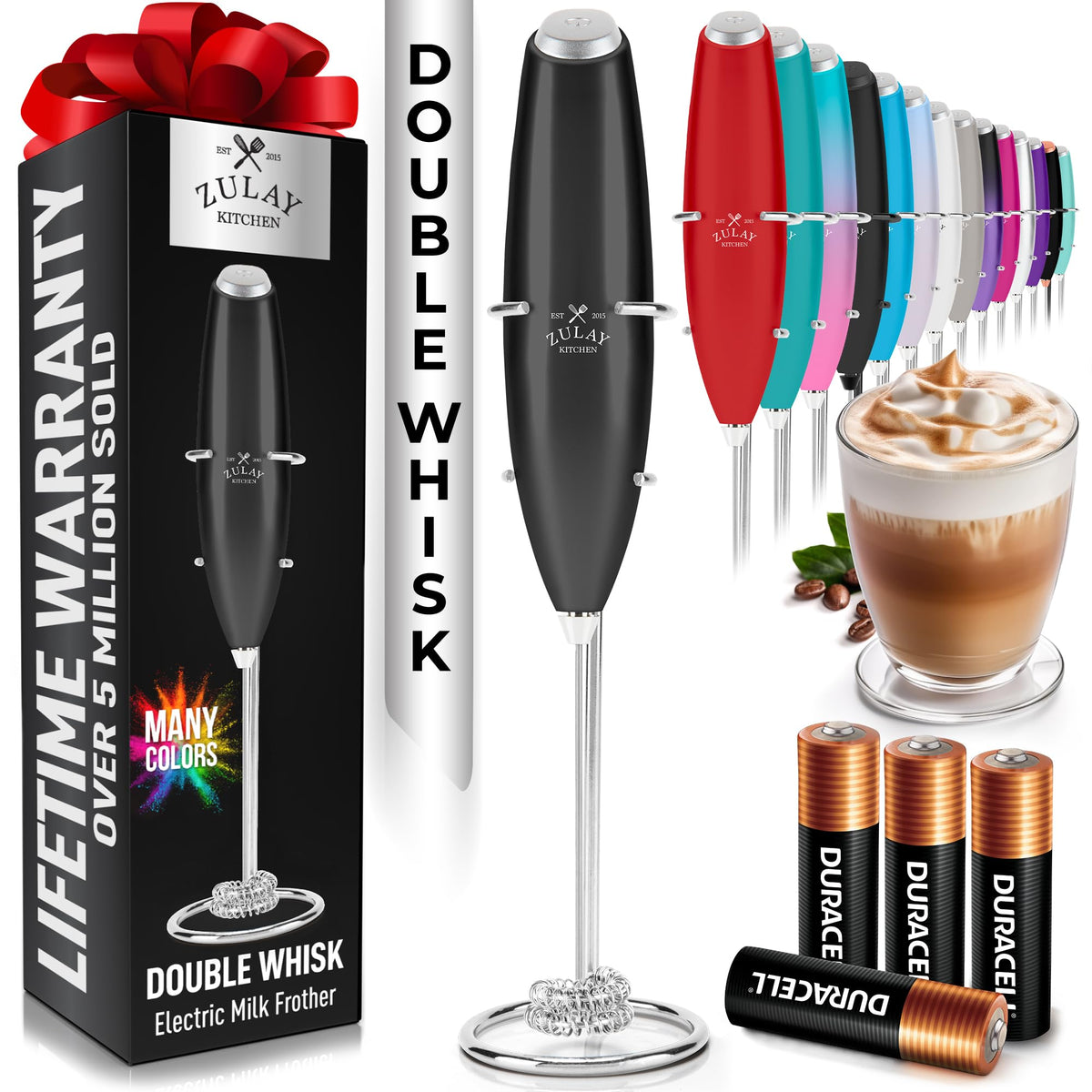 Zulay Kitchen Rechargeable Milk Frother Handheld - Frother Wand, Drink Mixer, Electric Whisk Frother, for Cappuccinos, Matcha & Protein Powder - Lux 4 Whisk 2 Speed Waterproof 2000mAh Alpha Black