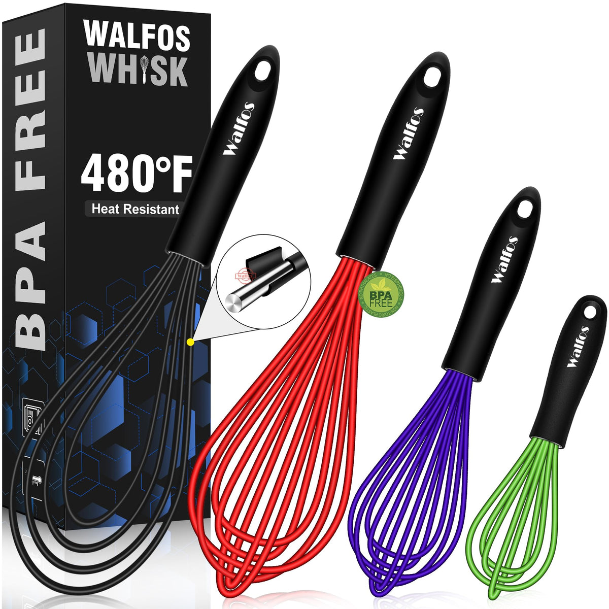 Walfos Whisk, Silicone Whisk Heat Resistant (480°F) Kitchen Whisks Set of 4- Professional Whisks For Cooking Non Scratch, Balloon Egg Whisk Perfect for Frothing, Blending, Beating