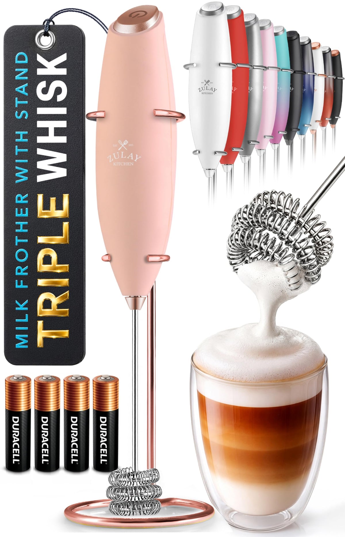 Zulay Kitchen Powerful Milk Frother Wand With Duracell Batteries - Ultra Fast Handheld Drink Mixer - Electric Whisk Foam Maker for Coffee, Lattes, Cappuccino & Matcha - Z1 Motor - Black