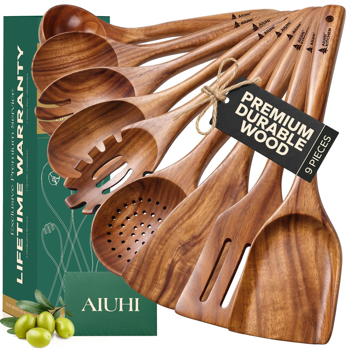 AIUHI 11-Piece Natural Teak Wood Kitchen Utensil Set with Holder, Wooden Spoons and Cooking Utensils for Nonstick Cookware, Includes Spatulas, Ladle and Whisk