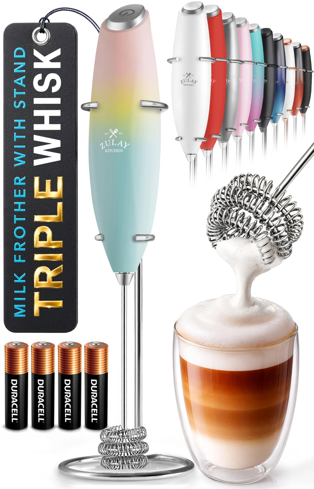 Zulay Kitchen Rechargeable Milk Frother Handheld - Frother Wand, Drink Mixer, Electric Whisk Frother, for Cappuccinos, Matcha & Protein Powder - Lux 4 Whisk 2 Speed Waterproof 2000mAh Alpha Black