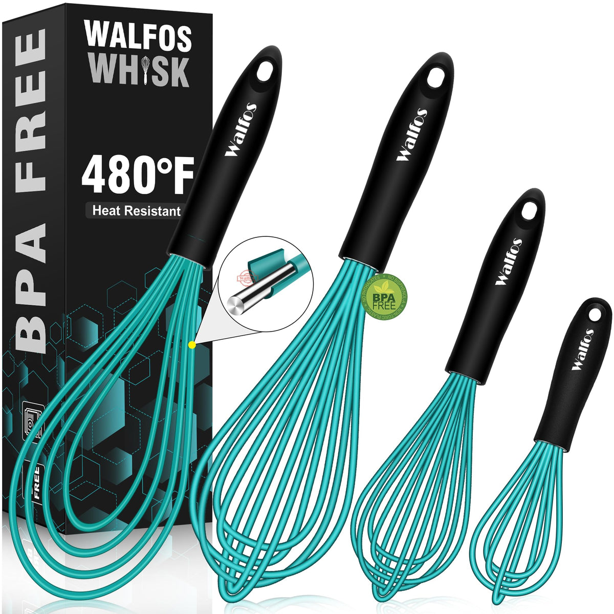 Walfos Whisk, Silicone Whisk Heat Resistant (480°F) Kitchen Whisks Set of 4- Professional Whisks For Cooking Non Scratch, Balloon Egg Whisk Perfect for Frothing, Blending, Beating