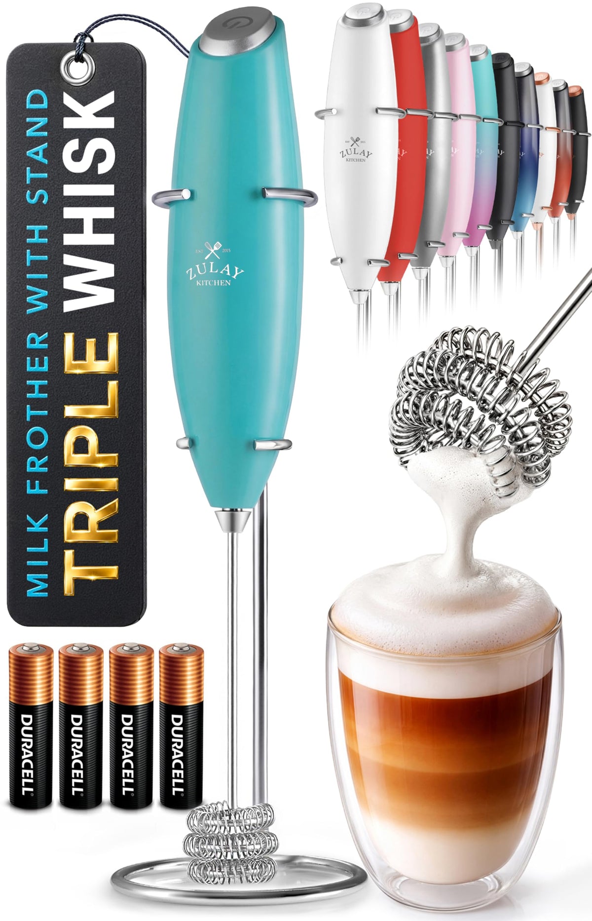 Zulay Kitchen Rechargeable Milk Frother Handheld - Frother Wand, Drink Mixer, Electric Whisk Frother, for Cappuccinos, Matcha & Protein Powder - Lux 4 Whisk 2 Speed Waterproof 2000mAh Alpha Black