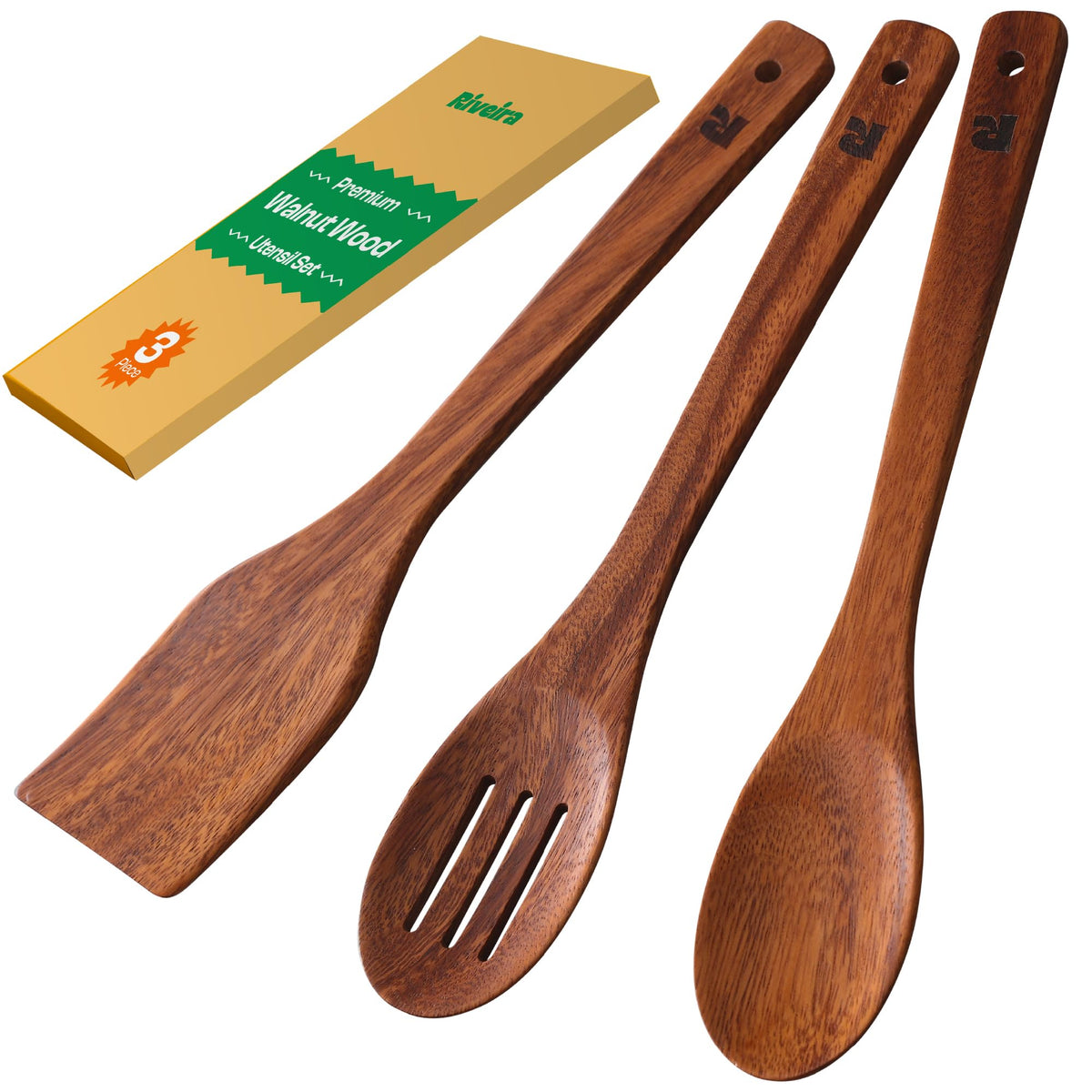 Riveira Bamboo Cooking Spoons 6-Piece – Wooden Cooking Utensils Set with Wooden Spoons for Cooking & Spatulas Wooden Utensil Sets – Premium Kitchen Utensils Set – Durable First Apartment Essentials