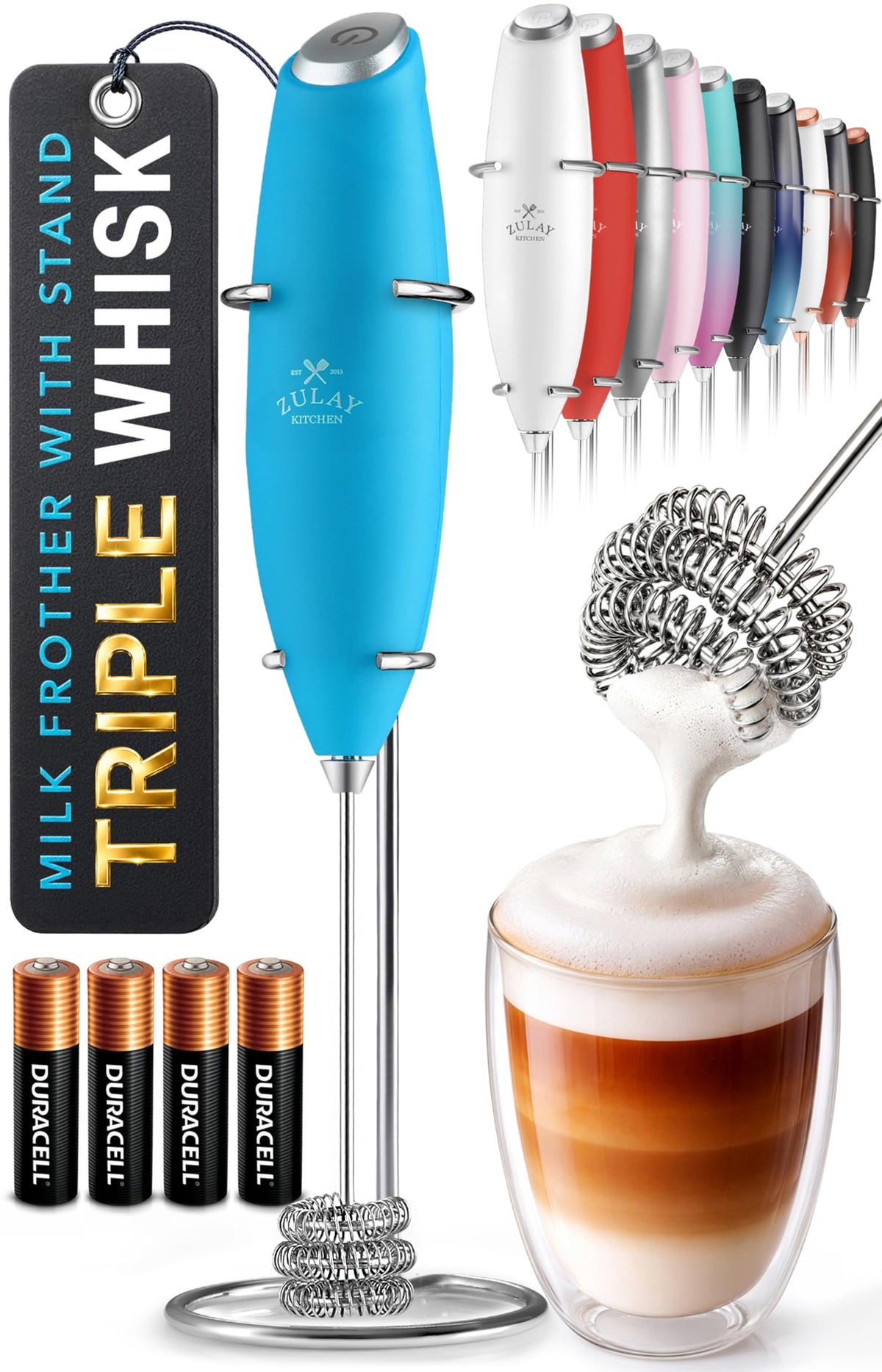 Zulay Kitchen Rechargeable Milk Frother Handheld - Frother Wand, Drink Mixer, Electric Whisk Frother, for Cappuccinos, Matcha & Protein Powder - Lux 4 Whisk 2 Speed Waterproof 2000mAh Alpha Black