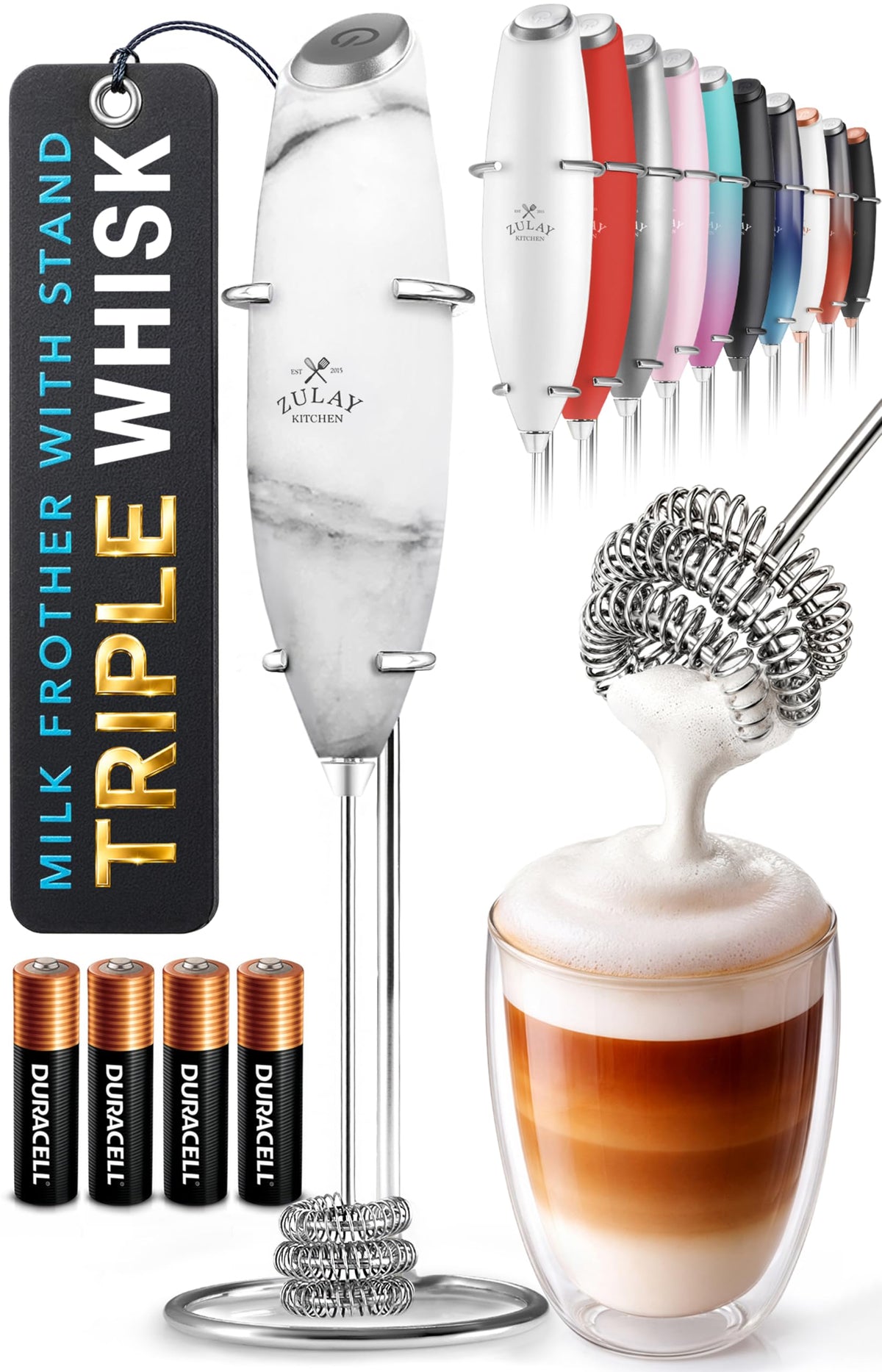Zulay Kitchen Powerful Milk Frother Wand With Duracell Batteries - Ultra Fast Handheld Drink Mixer - Electric Whisk Foam Maker for Coffee, Lattes, Cappuccino & Matcha - Z1 Motor - Black