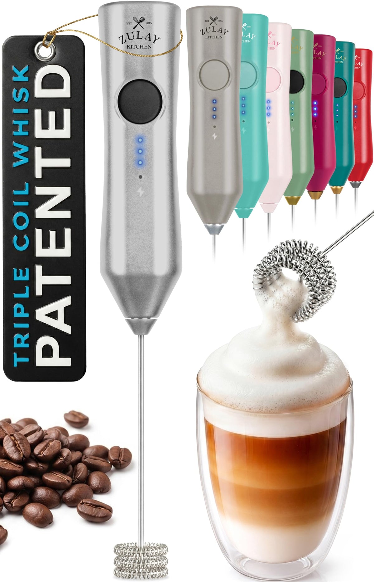Zulay Kitchen Rechargeable Milk Frother Handheld - Frother Wand, Drink Mixer, Electric Whisk Frother, for Cappuccinos, Matcha & Protein Powder - Lux 4 Whisk 2 Speed Waterproof 2000mAh Alpha Black