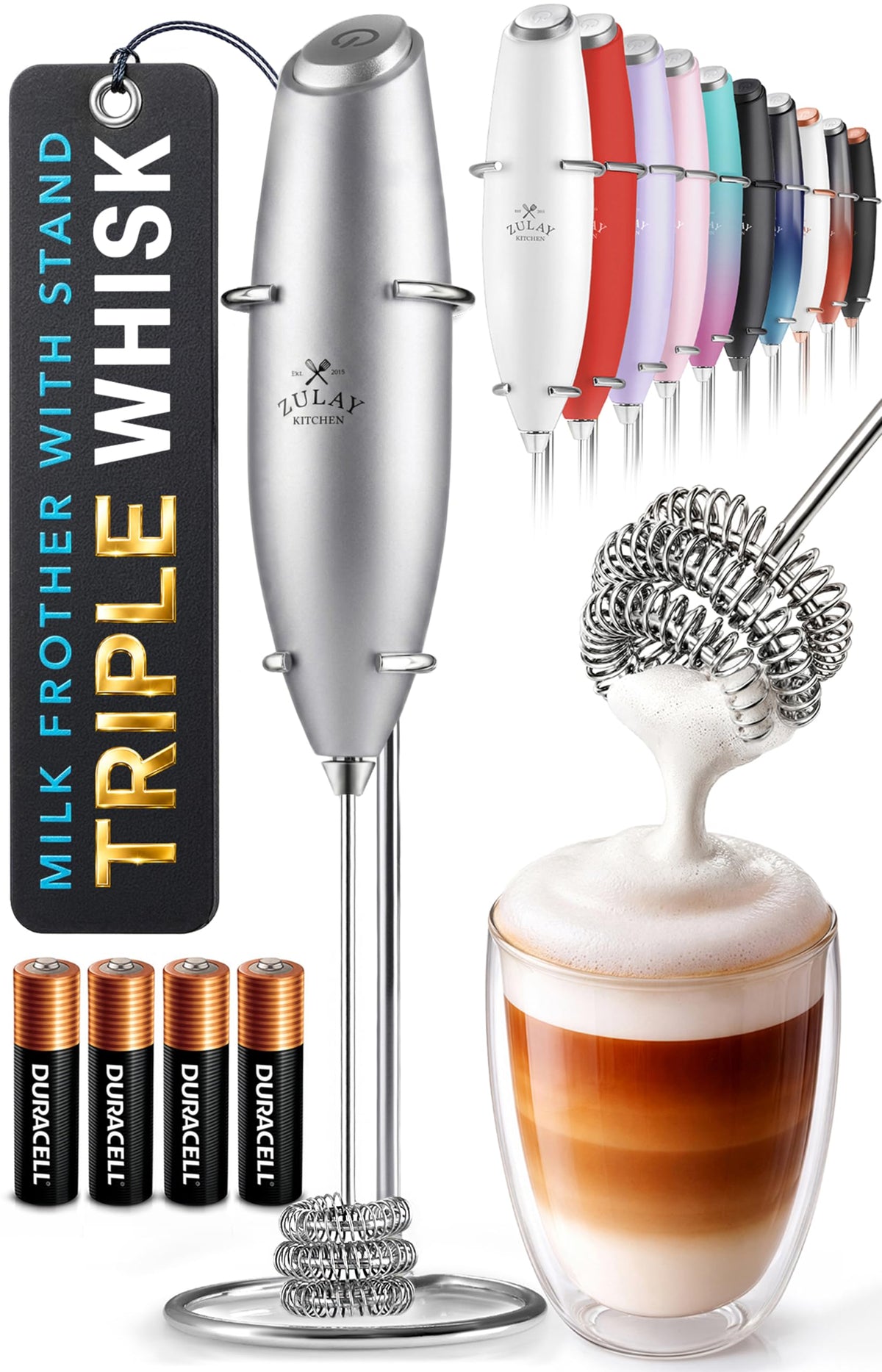 Zulay Kitchen Rechargeable Milk Frother Handheld - Frother Wand, Drink Mixer, Electric Whisk Frother, for Cappuccinos, Matcha & Protein Powder - Lux 4 Whisk 2 Speed Waterproof 2000mAh Alpha Black