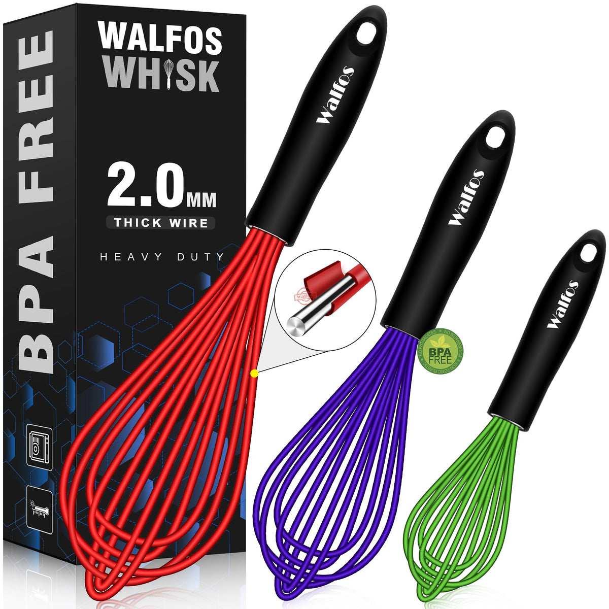 Walfos Whisk, Silicone Whisk Heat Resistant (480°F) Kitchen Whisks Set of 4- Professional Whisks For Cooking Non Scratch, Balloon Egg Whisk Perfect for Frothing, Blending, Beating