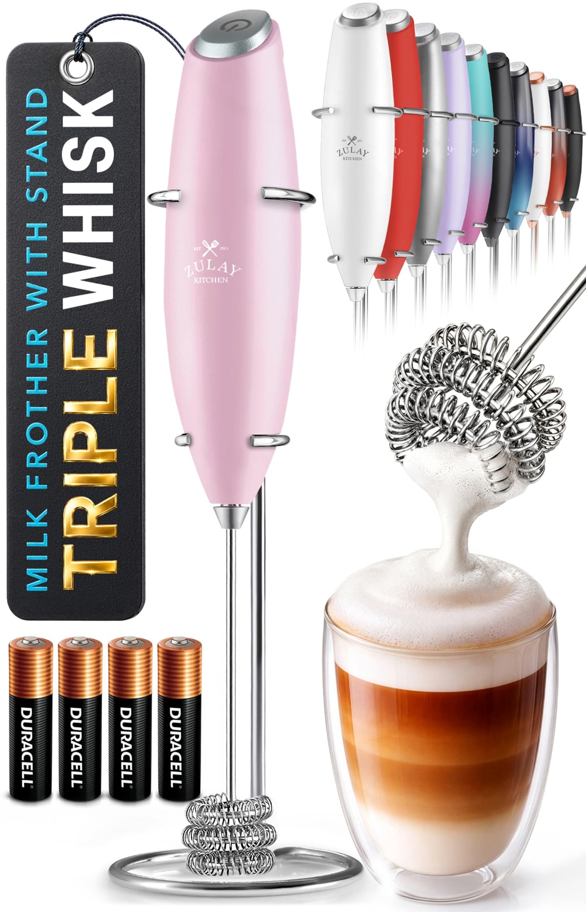 Zulay Kitchen Rechargeable Milk Frother Handheld - Frother Wand, Drink Mixer, Electric Whisk Frother, for Cappuccinos, Matcha & Protein Powder - Lux 4 Whisk 2 Speed Waterproof 2000mAh Alpha Black