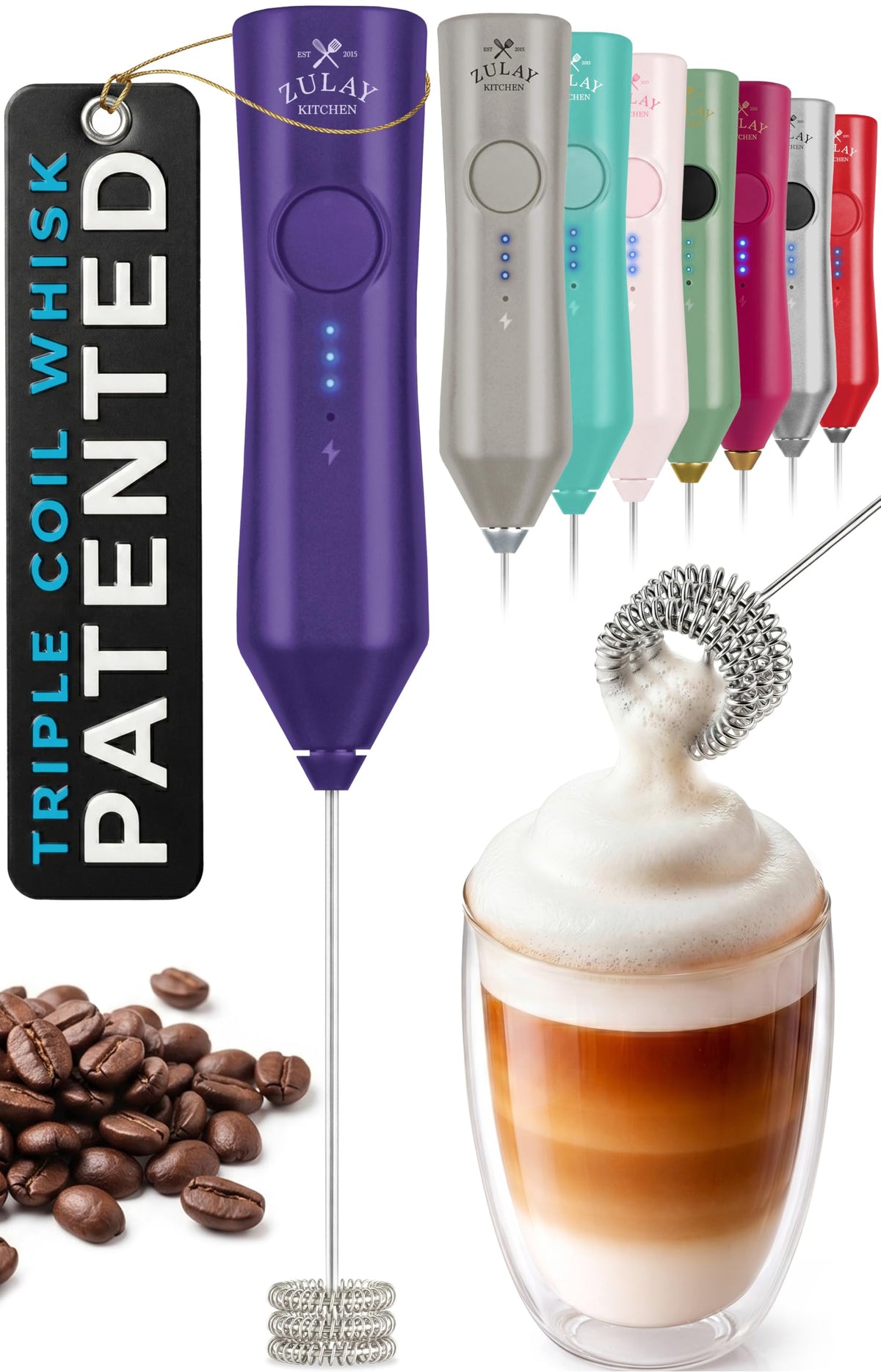 Zulay Kitchen Powerful Milk Frother Wand With Duracell Batteries - Ultra Fast Handheld Drink Mixer - Electric Whisk Foam Maker for Coffee, Lattes, Cappuccino & Matcha - Z1 Motor - Black