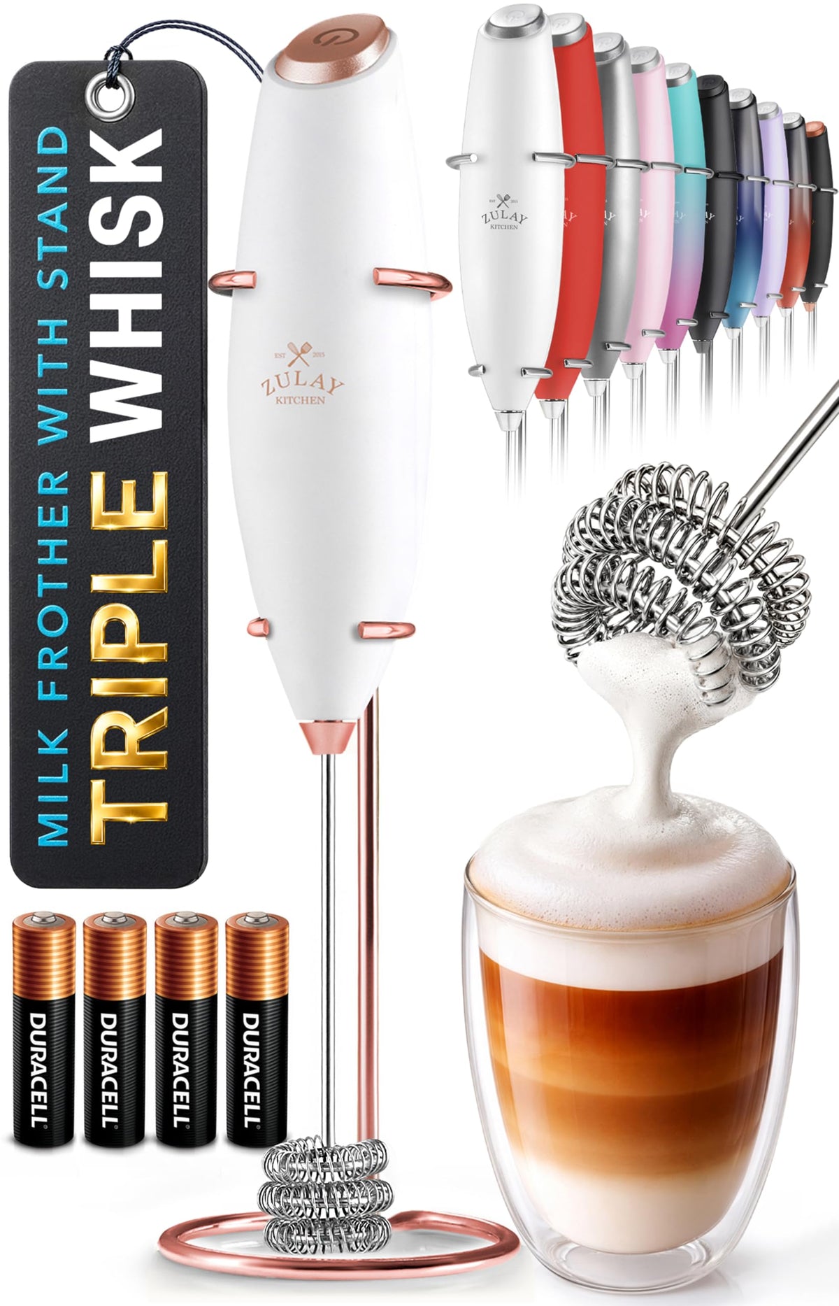 Zulay Kitchen Rechargeable Milk Frother Handheld - Frother Wand, Drink Mixer, Electric Whisk Frother, for Cappuccinos, Matcha & Protein Powder - Lux 4 Whisk 2 Speed Waterproof 2000mAh Alpha Black