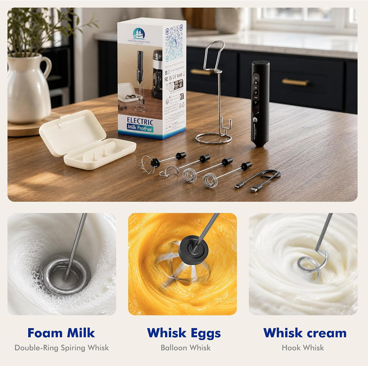 Rechargeable Milk Frother with Stand, 4 Interchangeable Whisks & Travel Case – Handheld Mixer for Lattes, Matcha, Hot Chocolate, Eggs & Protein Shakes