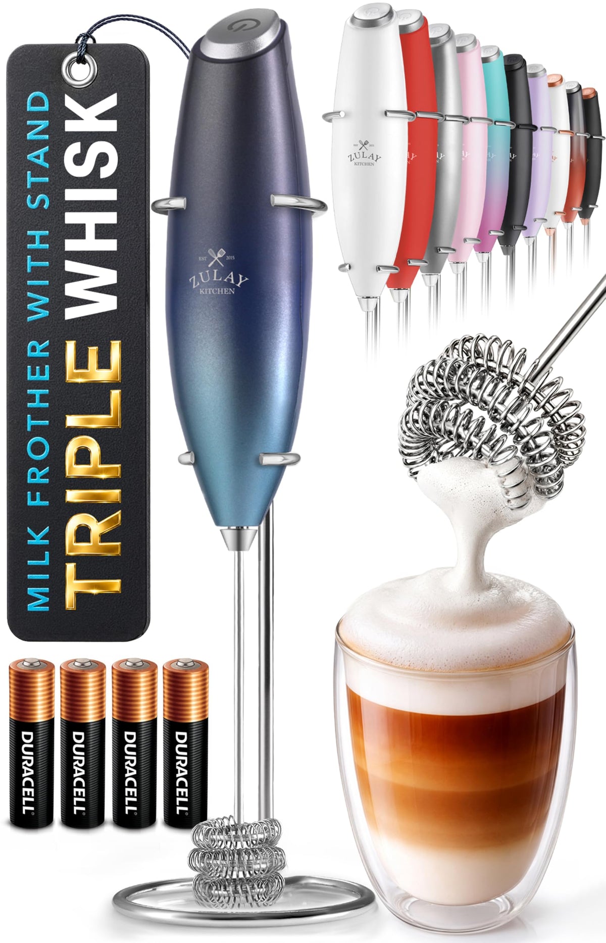 Zulay Kitchen Rechargeable Milk Frother Handheld - Frother Wand, Drink Mixer, Electric Whisk Frother, for Cappuccinos, Matcha & Protein Powder - Lux 4 Whisk 2 Speed Waterproof 2000mAh Alpha Black