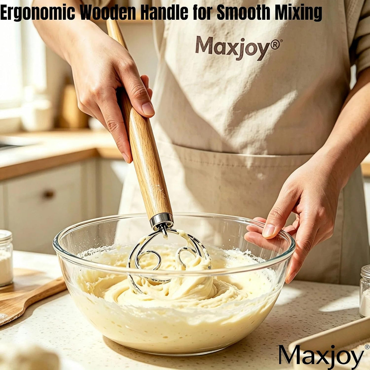 Maxjoy Danish Dough Whisk, Stainless Steel Wood Handle for Sourdough Bread