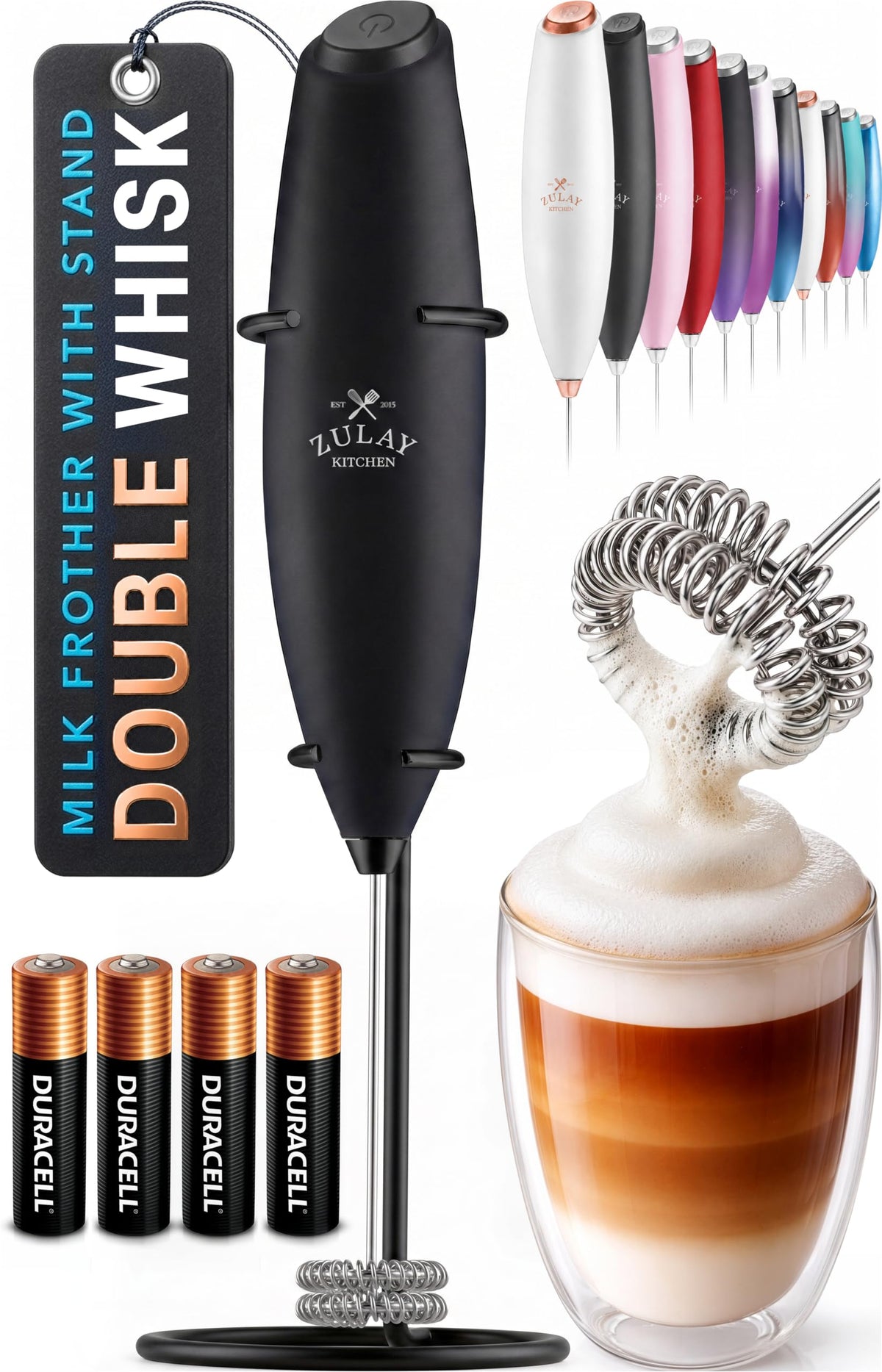 Zulay Kitchen Rechargeable Milk Frother Handheld - Frother Wand, Drink Mixer, Electric Whisk Frother, for Cappuccinos, Matcha & Protein Powder - Lux 4 Whisk 2 Speed Waterproof 2000mAh Alpha Black