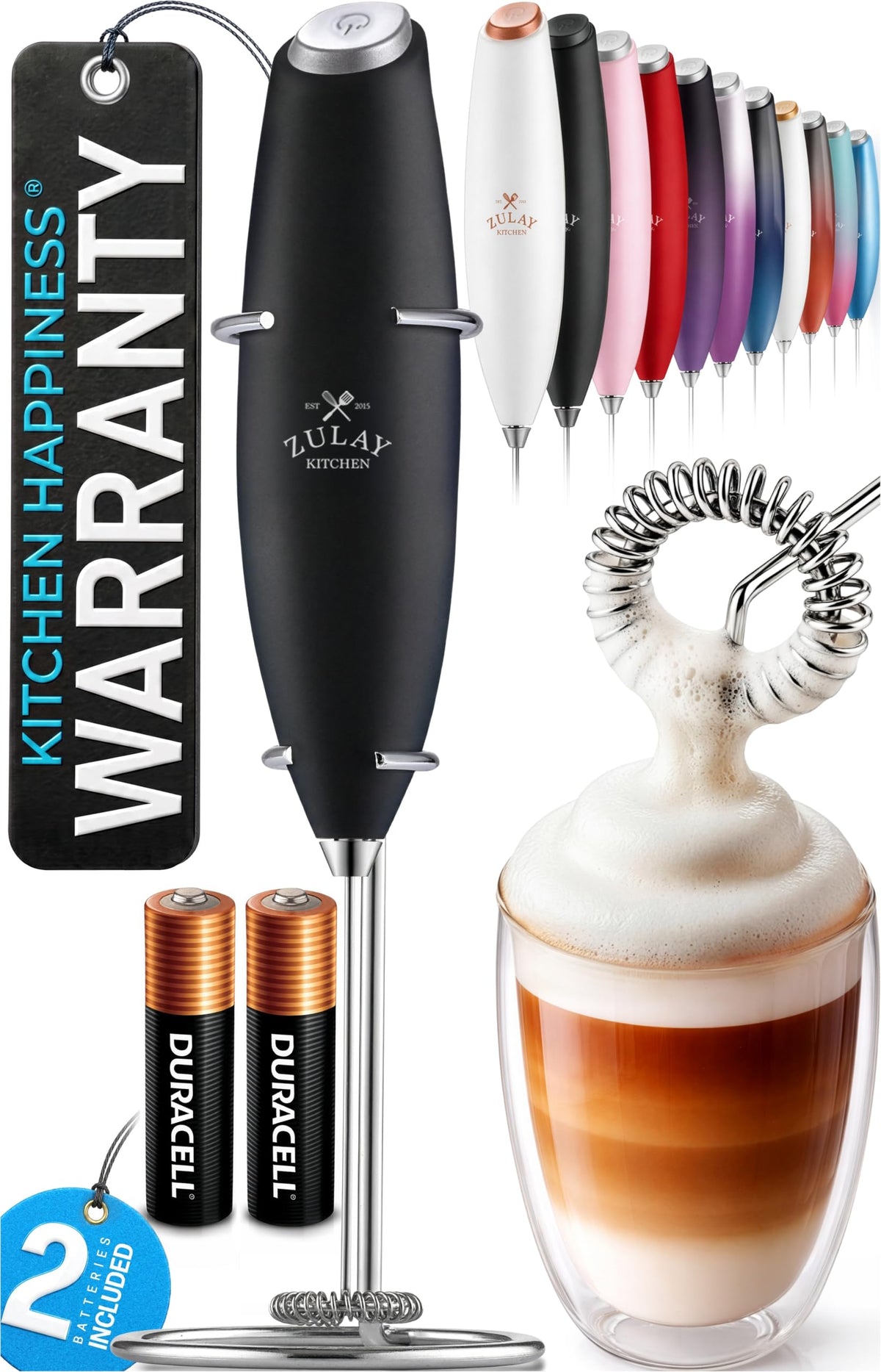 Zulay Kitchen Rechargeable Milk Frother Handheld - Frother Wand, Drink Mixer, Electric Whisk Frother, for Cappuccinos, Matcha & Protein Powder - Lux 4 Whisk 2 Speed Waterproof 2000mAh Alpha Black