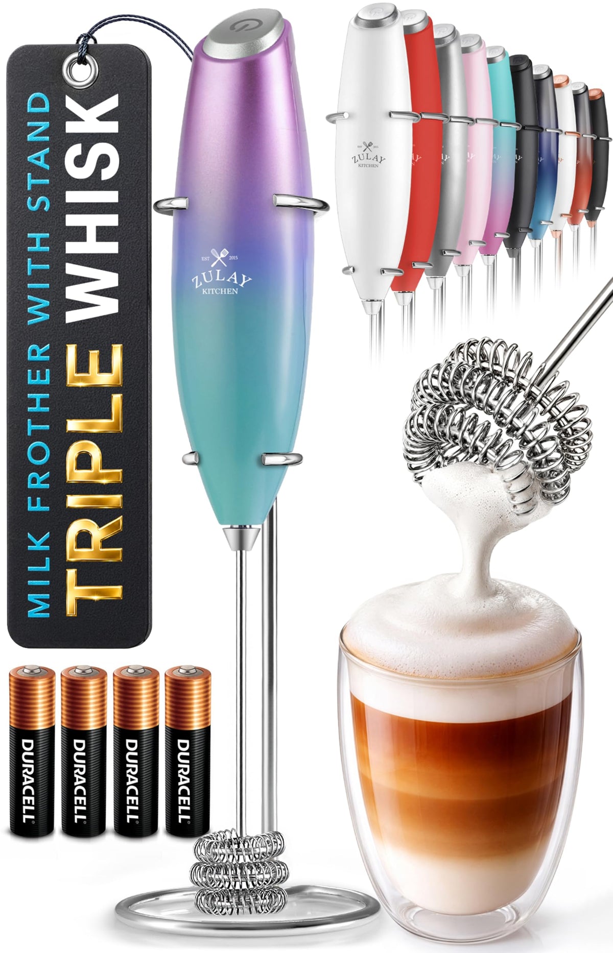 Zulay Kitchen Rechargeable Milk Frother Handheld - Frother Wand, Drink Mixer, Electric Whisk Frother, for Cappuccinos, Matcha & Protein Powder - Lux 4 Whisk 2 Speed Waterproof 2000mAh Alpha Black