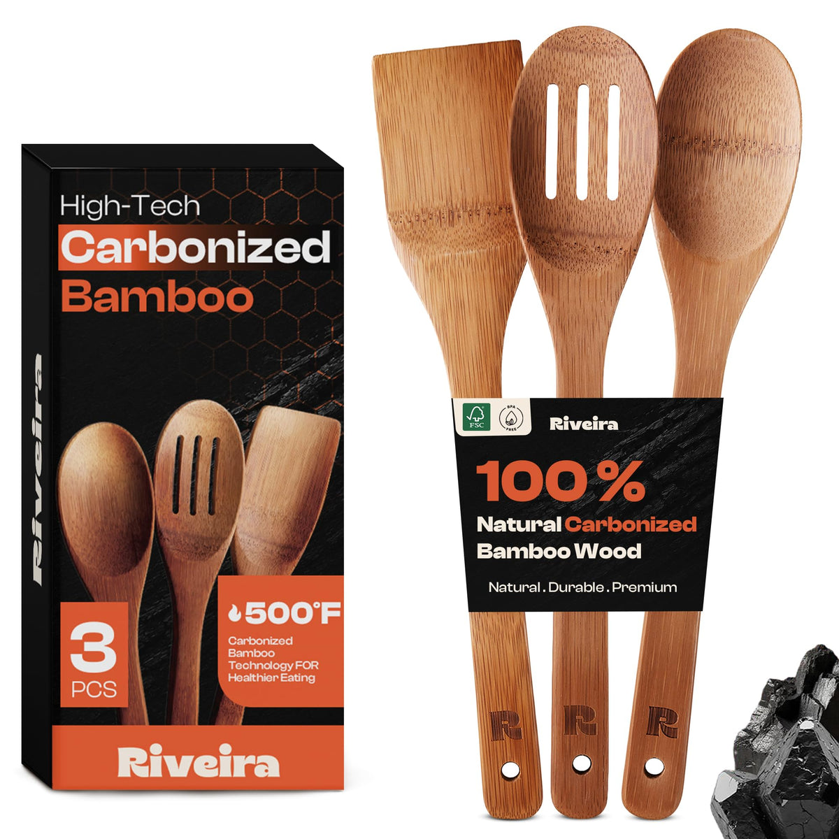 Riveira Bamboo Cooking Spoons 6-Piece – Wooden Cooking Utensils Set with Wooden Spoons for Cooking & Spatulas Wooden Utensil Sets – Premium Kitchen Utensils Set – Durable First Apartment Essentials