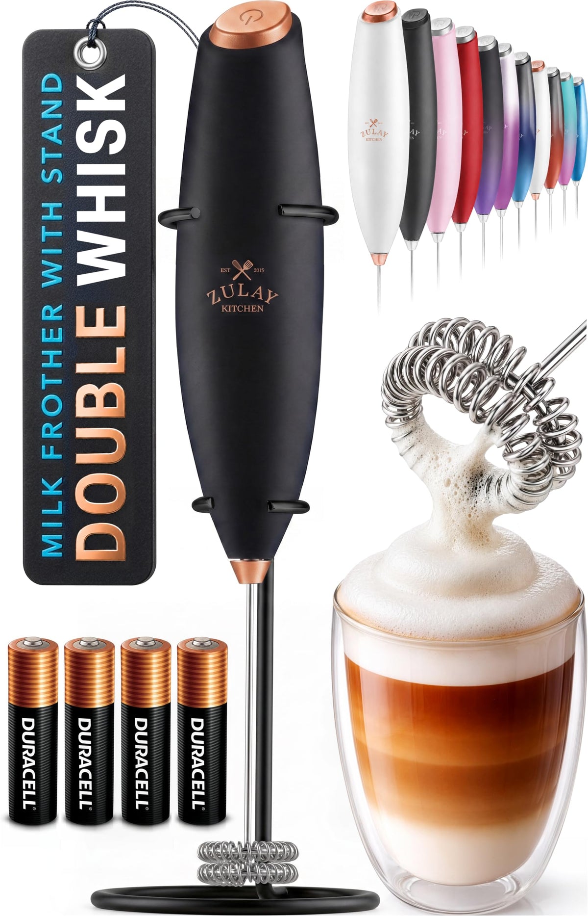 Zulay Kitchen Rechargeable Milk Frother Handheld - Frother Wand, Drink Mixer, Electric Whisk Frother, for Cappuccinos, Matcha & Protein Powder - Lux 4 Whisk 2 Speed Waterproof 2000mAh Alpha Black