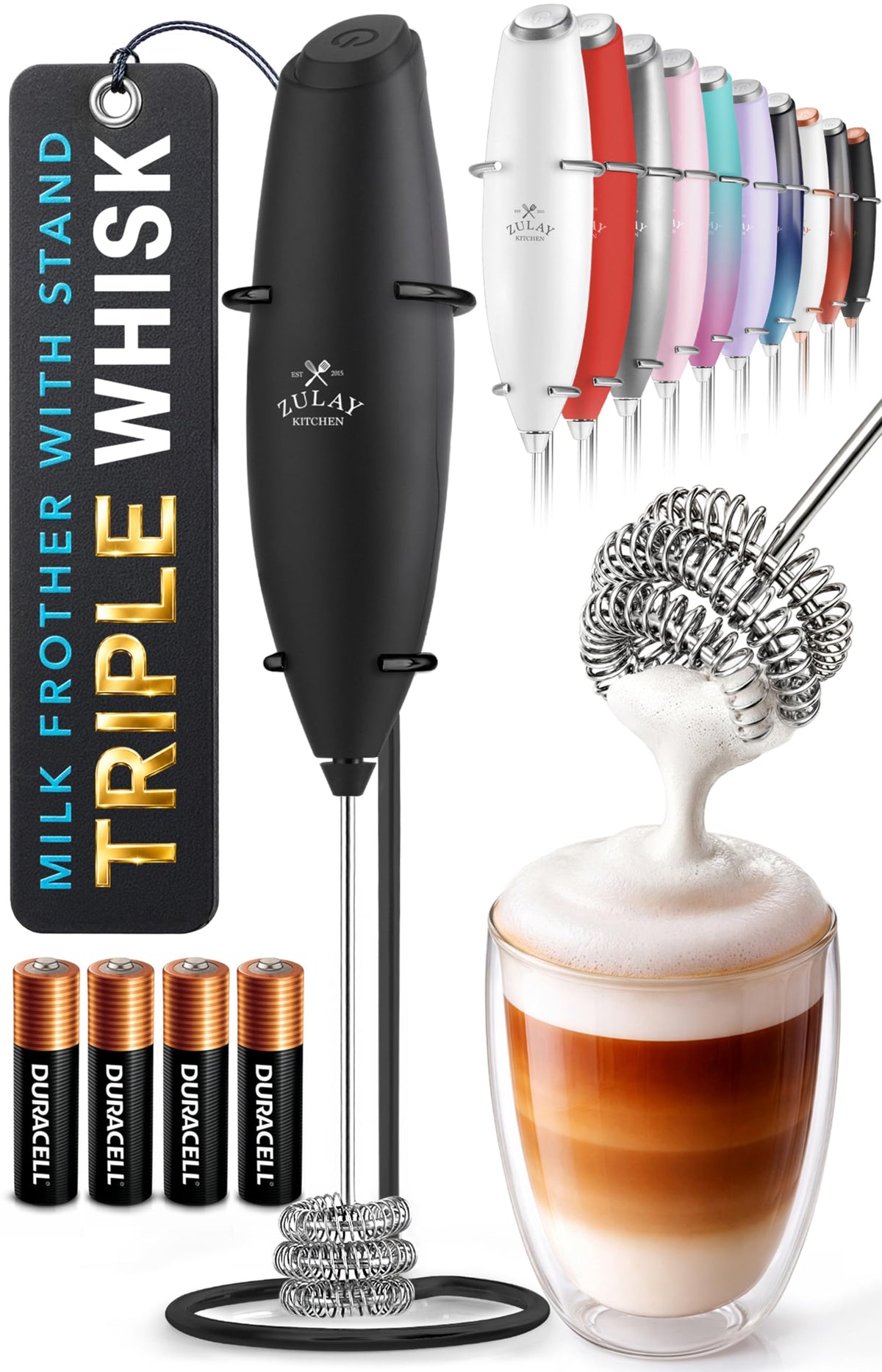 Zulay Kitchen Rechargeable Milk Frother Handheld - Frother Wand, Drink Mixer, Electric Whisk Frother, for Cappuccinos, Matcha & Protein Powder - Lux 4 Whisk 2 Speed Waterproof 2000mAh Alpha Black
