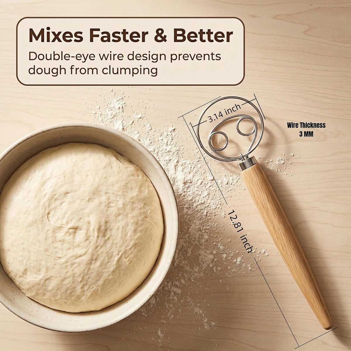 Maxjoy Danish Dough Whisk, Stainless Steel Wood Handle for Sourdough Bread