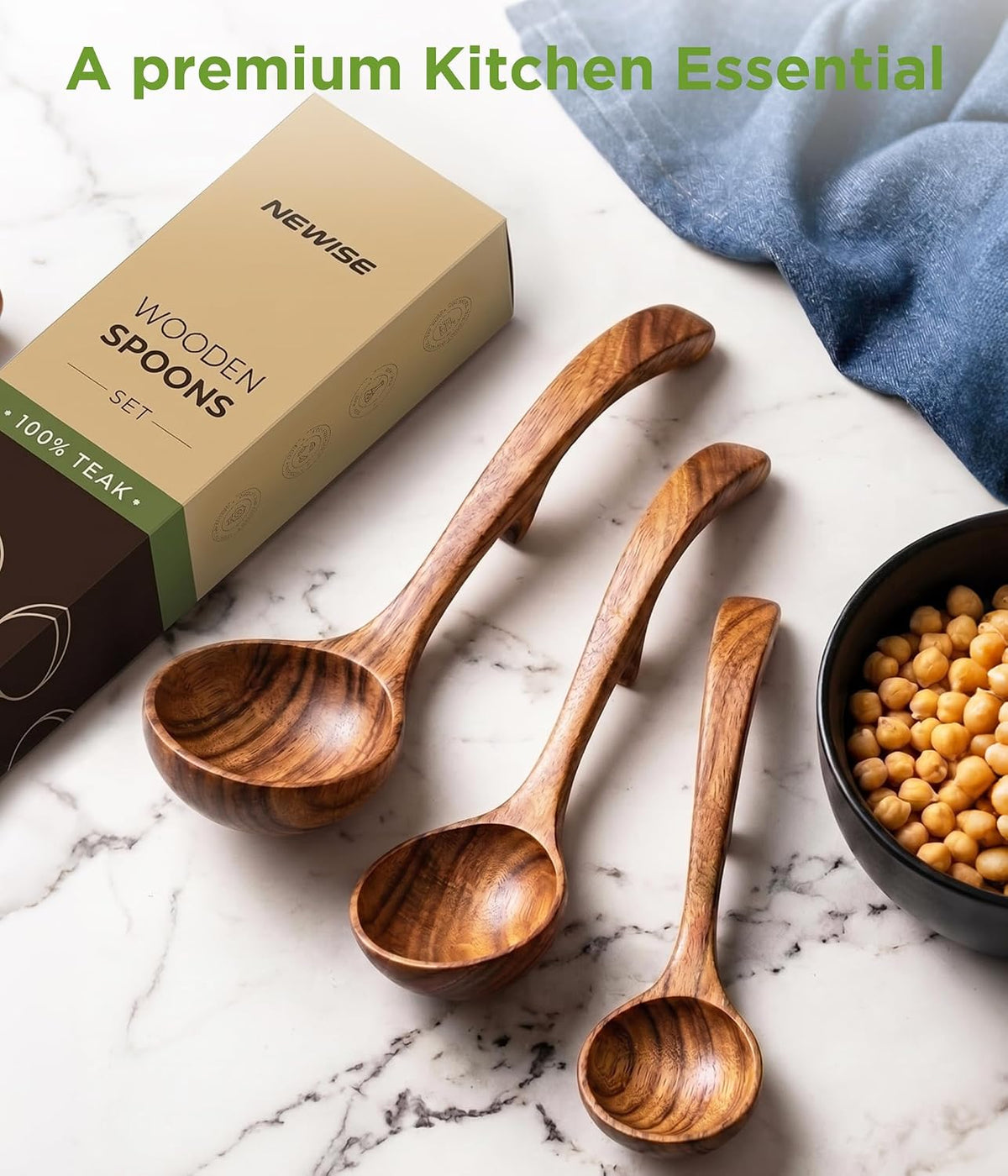 Wooden Spoons for Cooking: 3 Size Teak Wooden Ladle