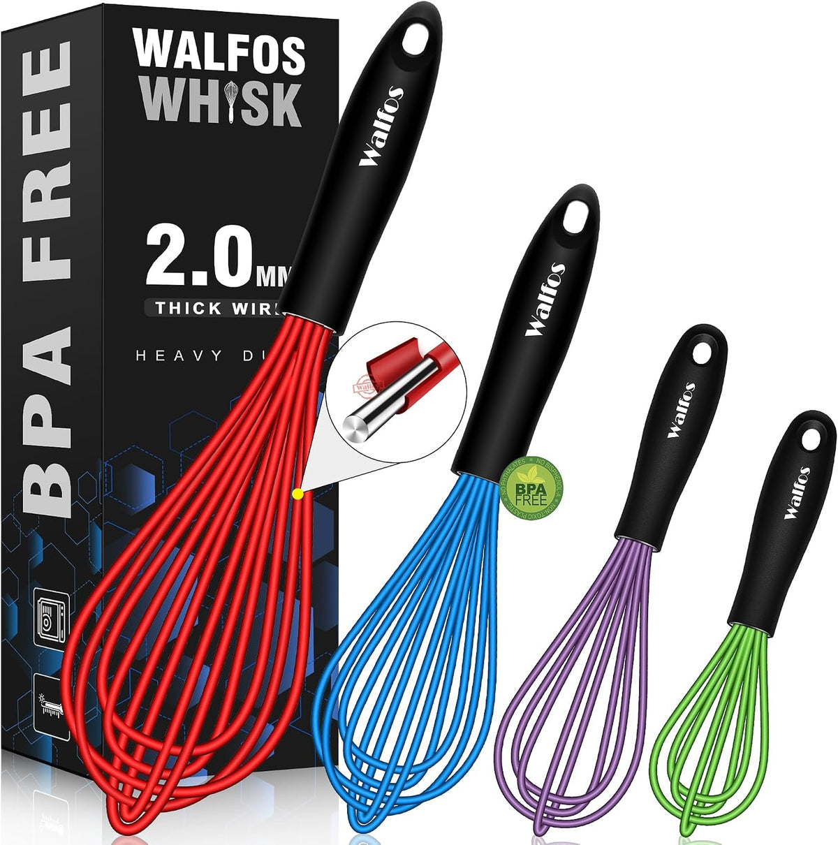 Walfos Whisk, Silicone Whisk Heat Resistant (480°F) Kitchen Whisks Set of 4- Professional Whisks For Cooking Non Scratch, Balloon Egg Whisk Perfect for Frothing, Blending, Beating