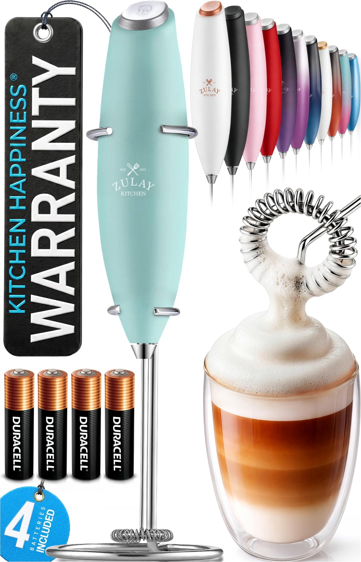 Zulay Kitchen Powerful Milk Frother Wand With Duracell Batteries - Ultra Fast Handheld Drink Mixer - Electric Whisk Foam Maker for Coffee, Lattes, Cappuccino & Matcha - Z1 Motor - Black