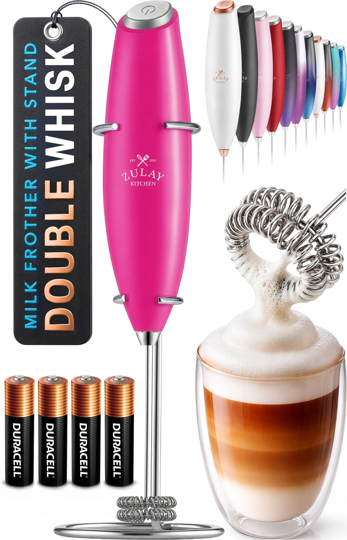 Zulay Kitchen Rechargeable Milk Frother Handheld - Frother Wand, Drink Mixer, Electric Whisk Frother, for Cappuccinos, Matcha & Protein Powder - Lux 4 Whisk 2 Speed Waterproof 2000mAh Alpha Black