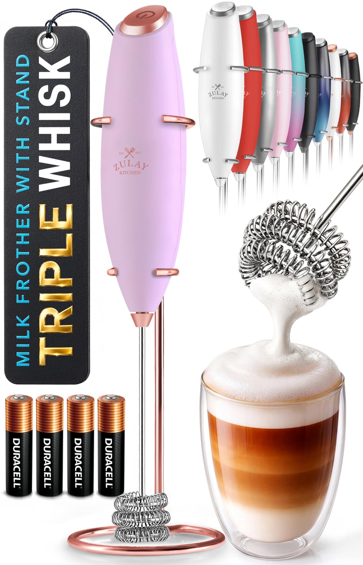 Zulay Kitchen Powerful Milk Frother Wand With Duracell Batteries - Ultra Fast Handheld Drink Mixer - Electric Whisk Foam Maker for Coffee, Lattes, Cappuccino & Matcha - Z1 Motor - Black