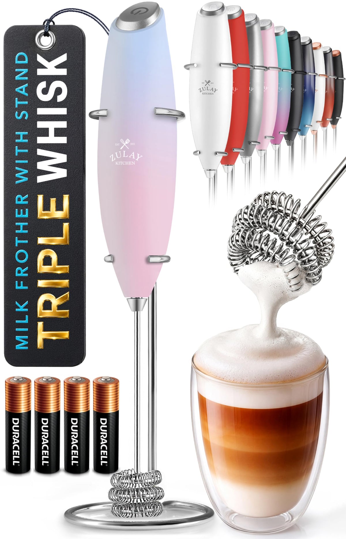 Zulay Kitchen Rechargeable Milk Frother Handheld - Frother Wand, Drink Mixer, Electric Whisk Frother, for Cappuccinos, Matcha & Protein Powder - Lux 4 Whisk 2 Speed Waterproof 2000mAh Alpha Black
