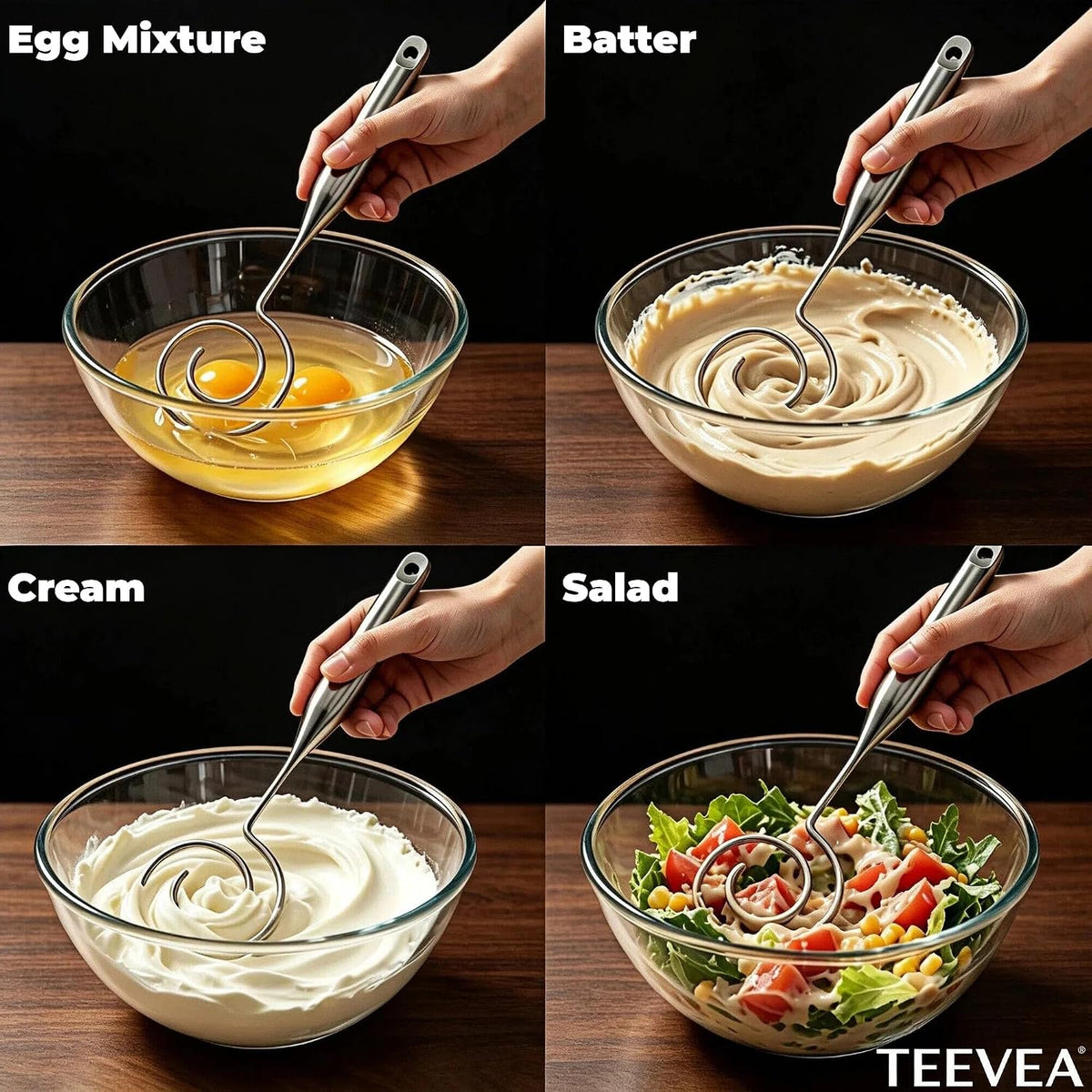 TEEVEA Danish Dough Whisk Seamless Stainless Steel for Sourdough Bread
