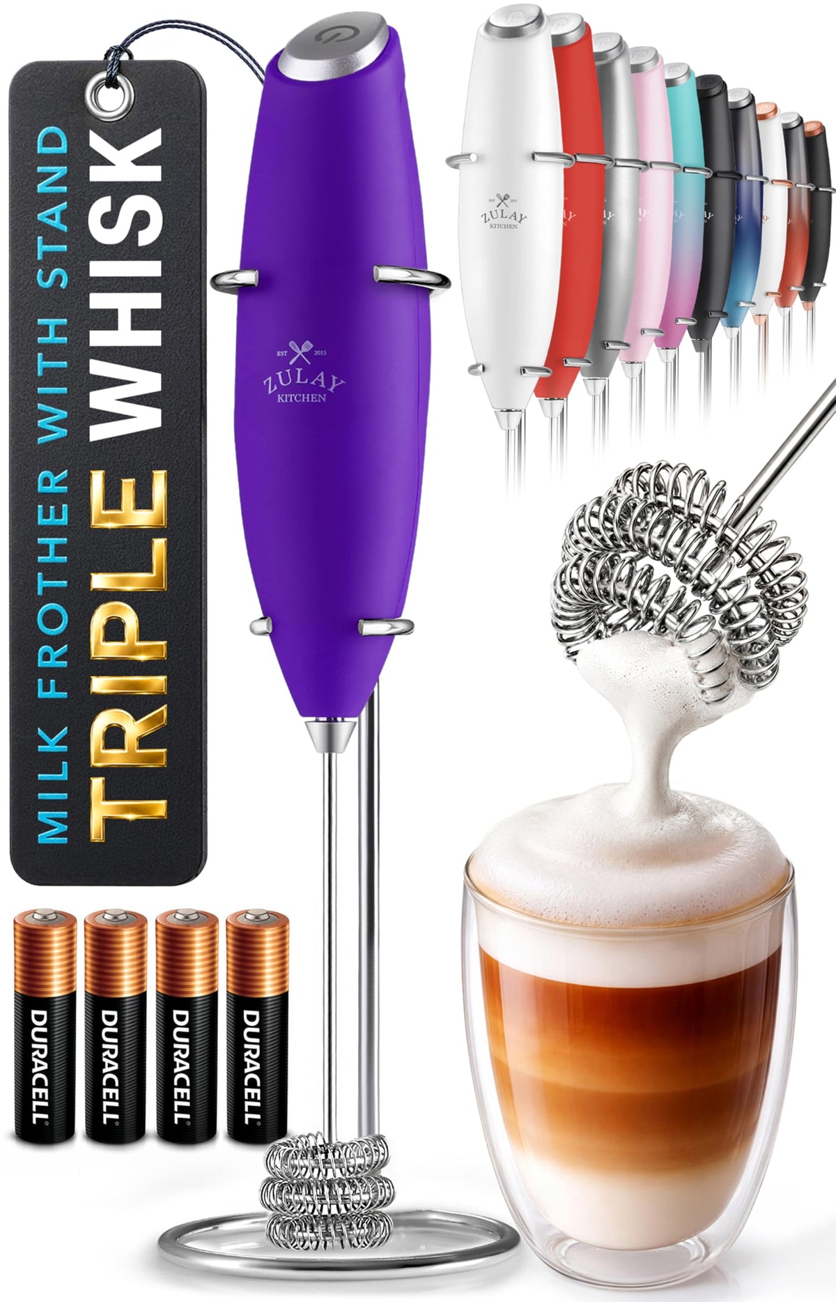 Zulay Kitchen Powerful Milk Frother Wand With Duracell Batteries - Ultra Fast Handheld Drink Mixer - Electric Whisk Foam Maker for Coffee, Lattes, Cappuccino & Matcha - Z1 Motor - Black