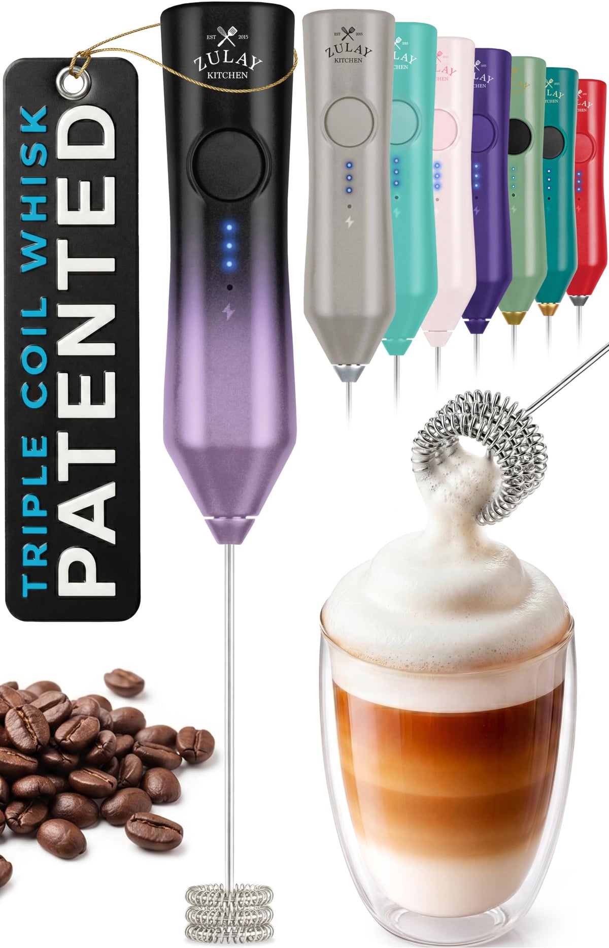 Zulay Kitchen Powerful Milk Frother Wand With Duracell Batteries - Ultra Fast Handheld Drink Mixer - Electric Whisk Foam Maker for Coffee, Lattes, Cappuccino & Matcha - Z1 Motor - Black