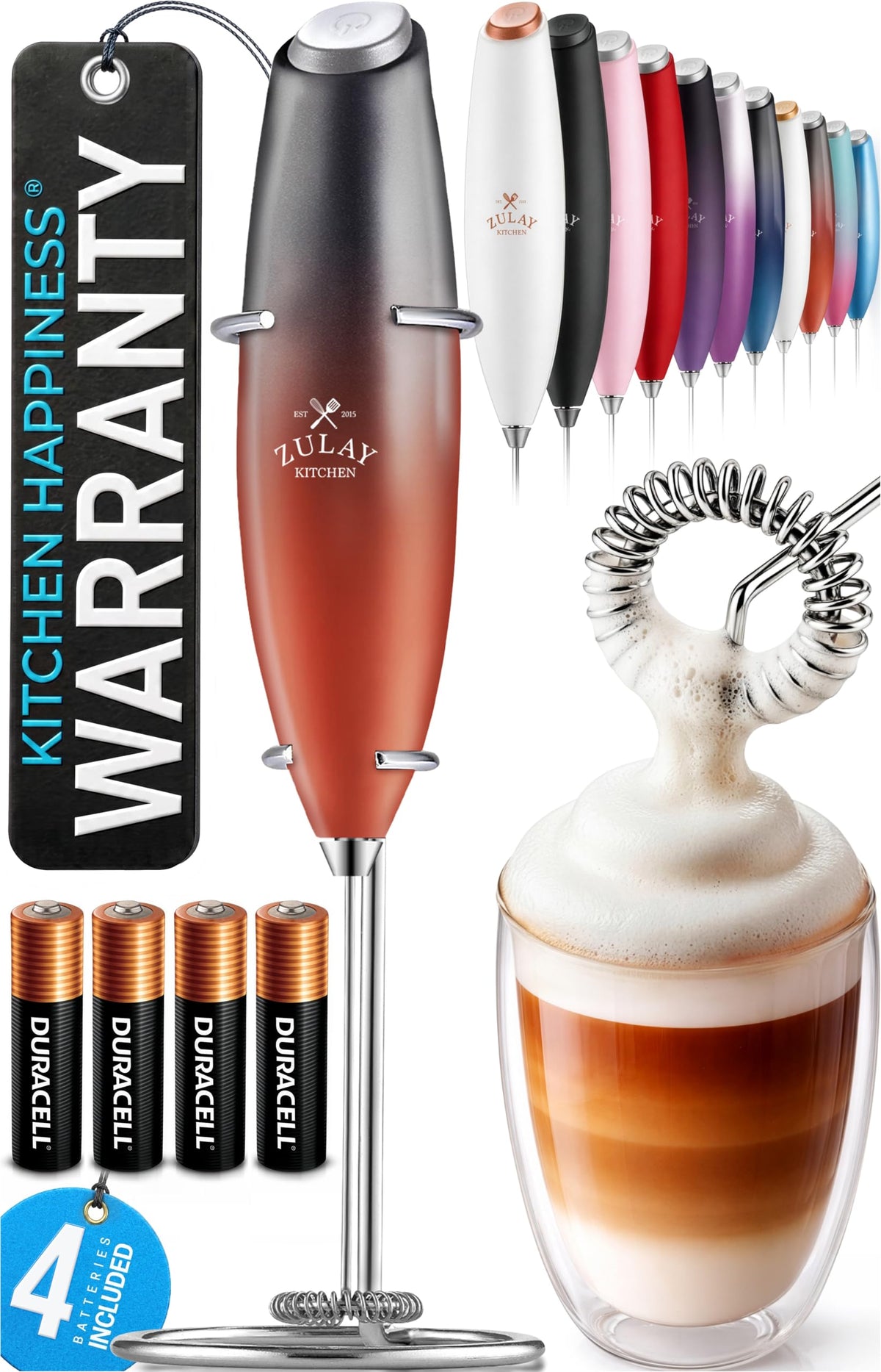 Zulay Kitchen Powerful Milk Frother Wand With Duracell Batteries - Ultra Fast Handheld Drink Mixer - Electric Whisk Foam Maker for Coffee, Lattes, Cappuccino & Matcha - Z1 Motor - Black