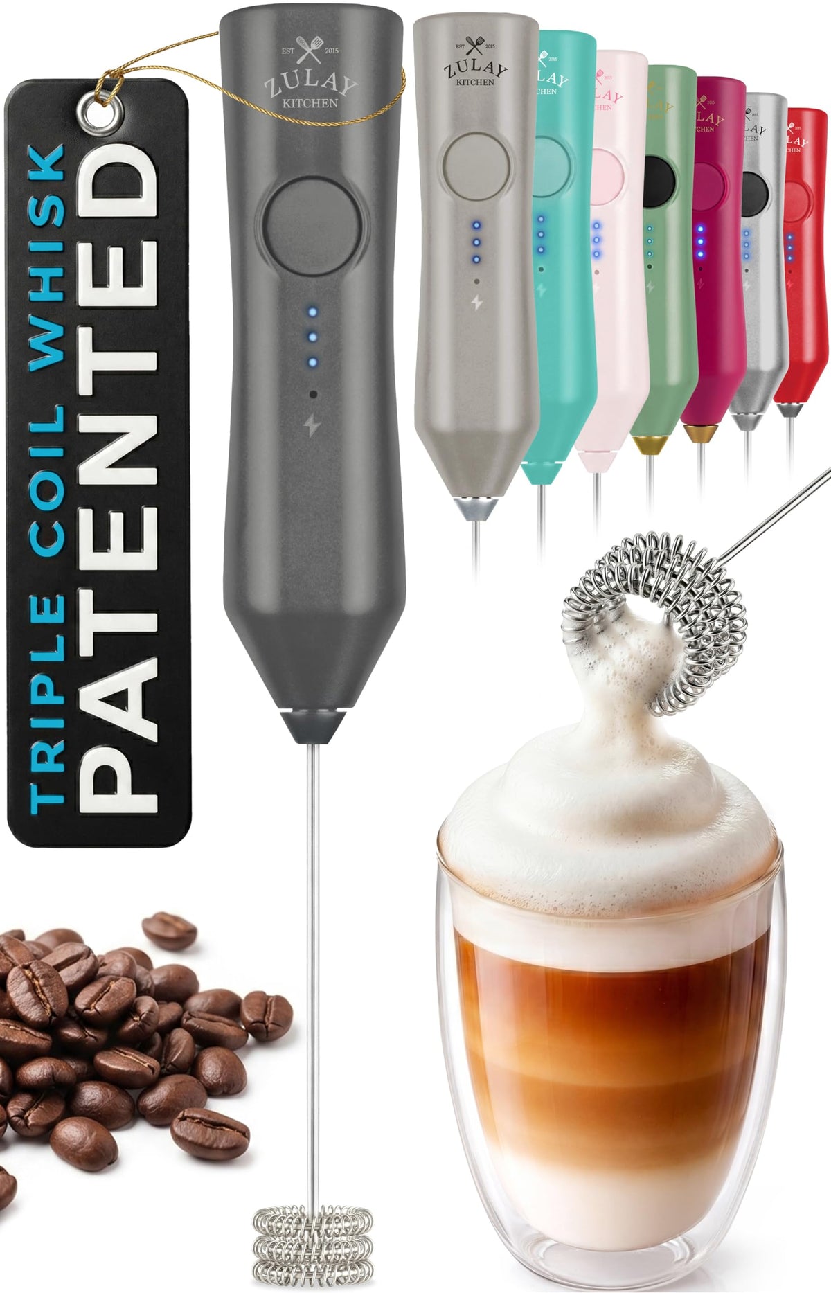 Zulay Kitchen Rechargeable Milk Frother Handheld - Frother Wand, Drink Mixer, Electric Whisk Frother, for Cappuccinos, Matcha & Protein Powder - Lux 4 Whisk 2 Speed Waterproof 2000mAh Alpha Black