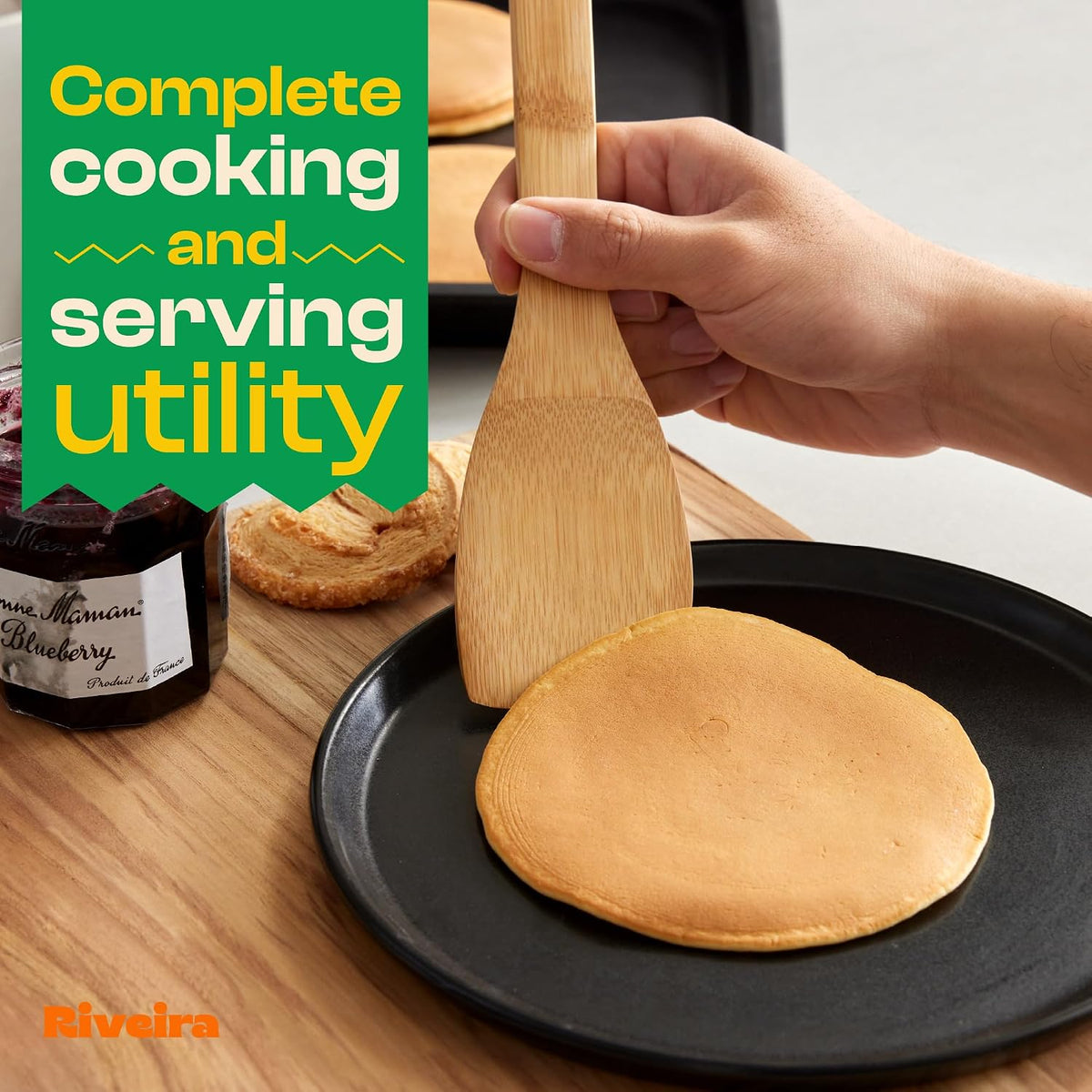 Riveira Bamboo Cooking Spoons 6-Piece – Wooden Cooking Utensils Set with Wooden Spoons for Cooking & Spatulas Wooden Utensil Sets – Premium Kitchen Utensils Set – Durable First Apartment Essentials
