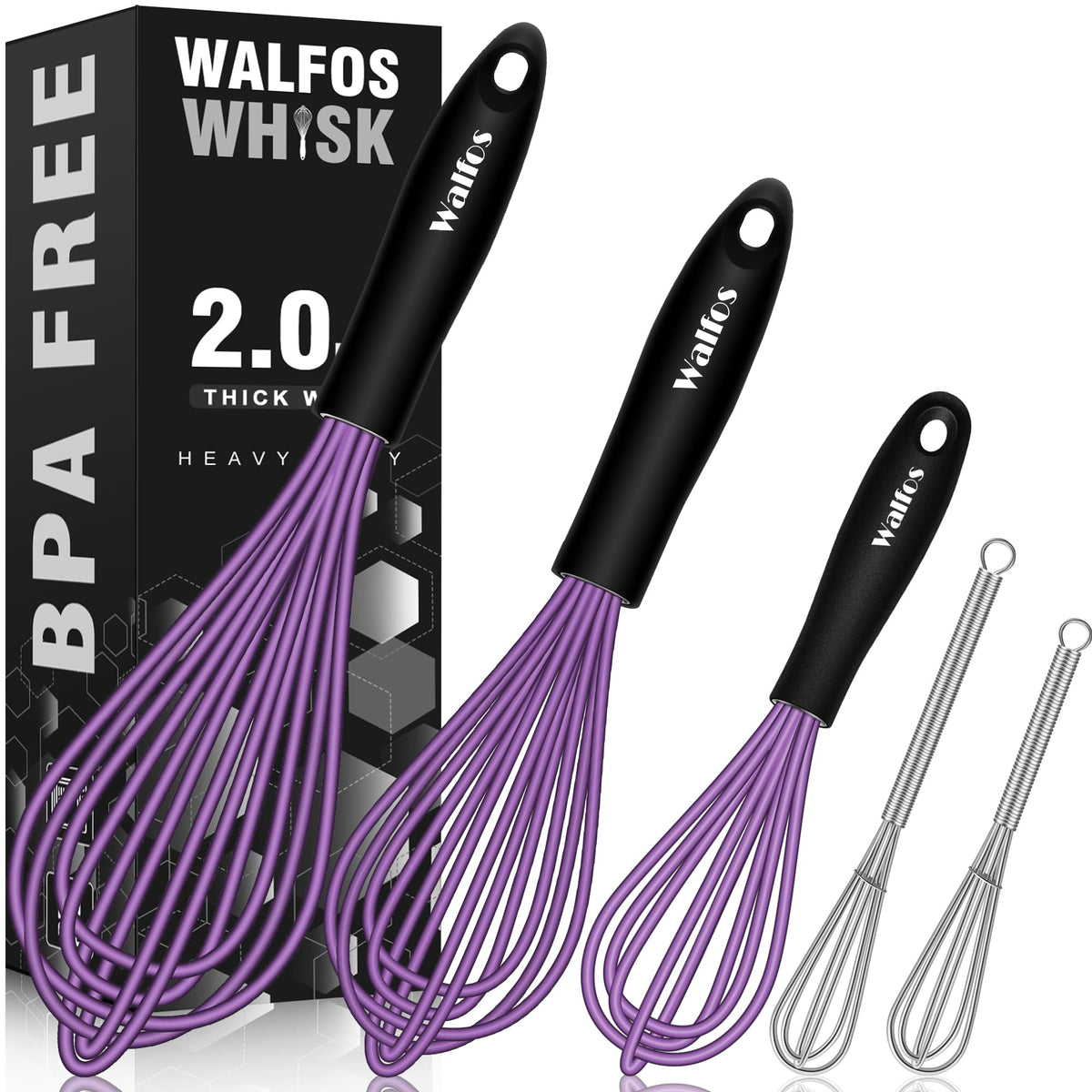 Walfos Whisk, Silicone Whisk Heat Resistant (480°F) Kitchen Whisks Set of 4- Professional Whisks For Cooking Non Scratch, Balloon Egg Whisk Perfect for Frothing, Blending, Beating