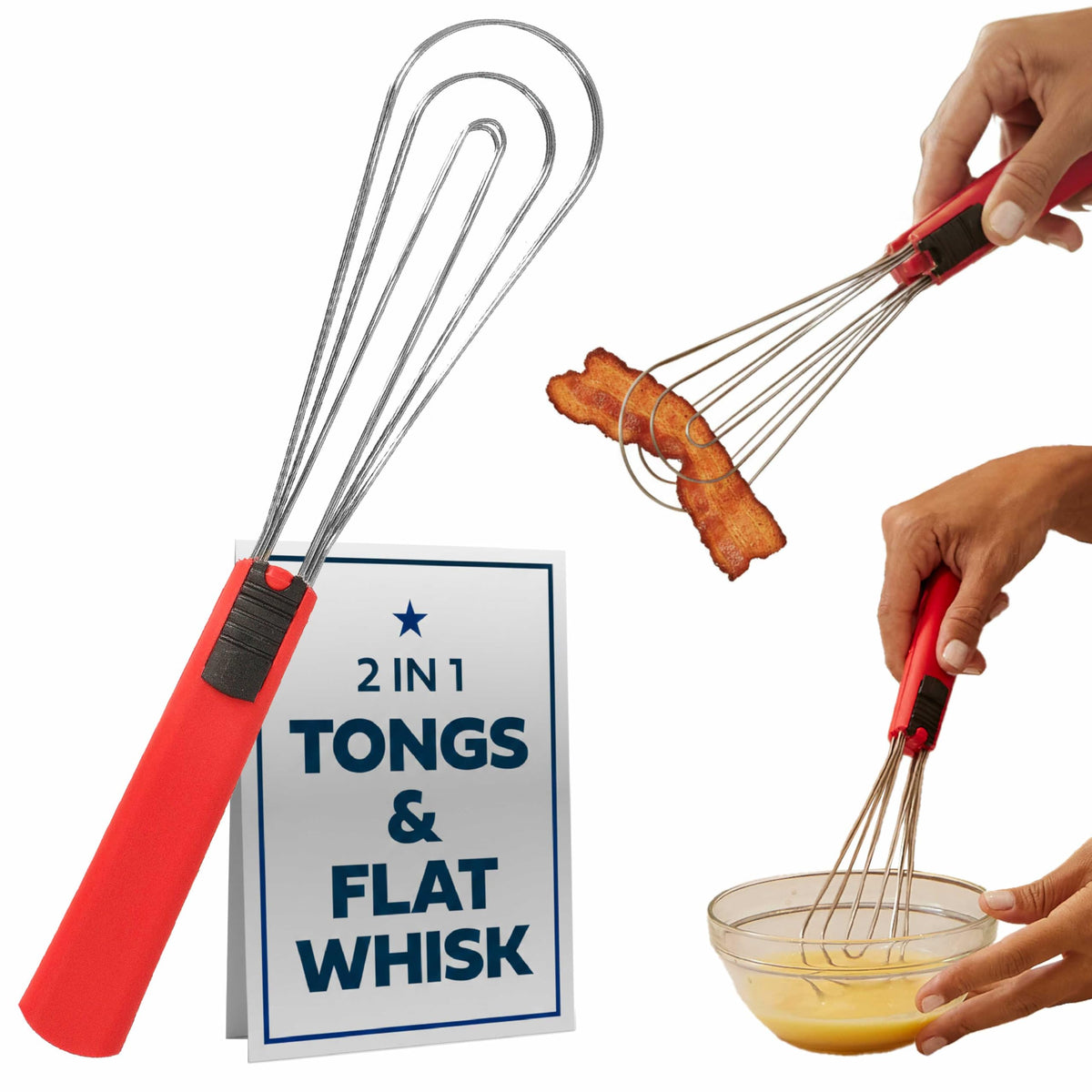 Flat Whisk and Tongs for Cooking – Multipurpose Kitchen Tool for Beating Eggs, Salad Tongs, BBQ, Whisks for Cooking, Easy Whisk, Hand Whisk (Black)