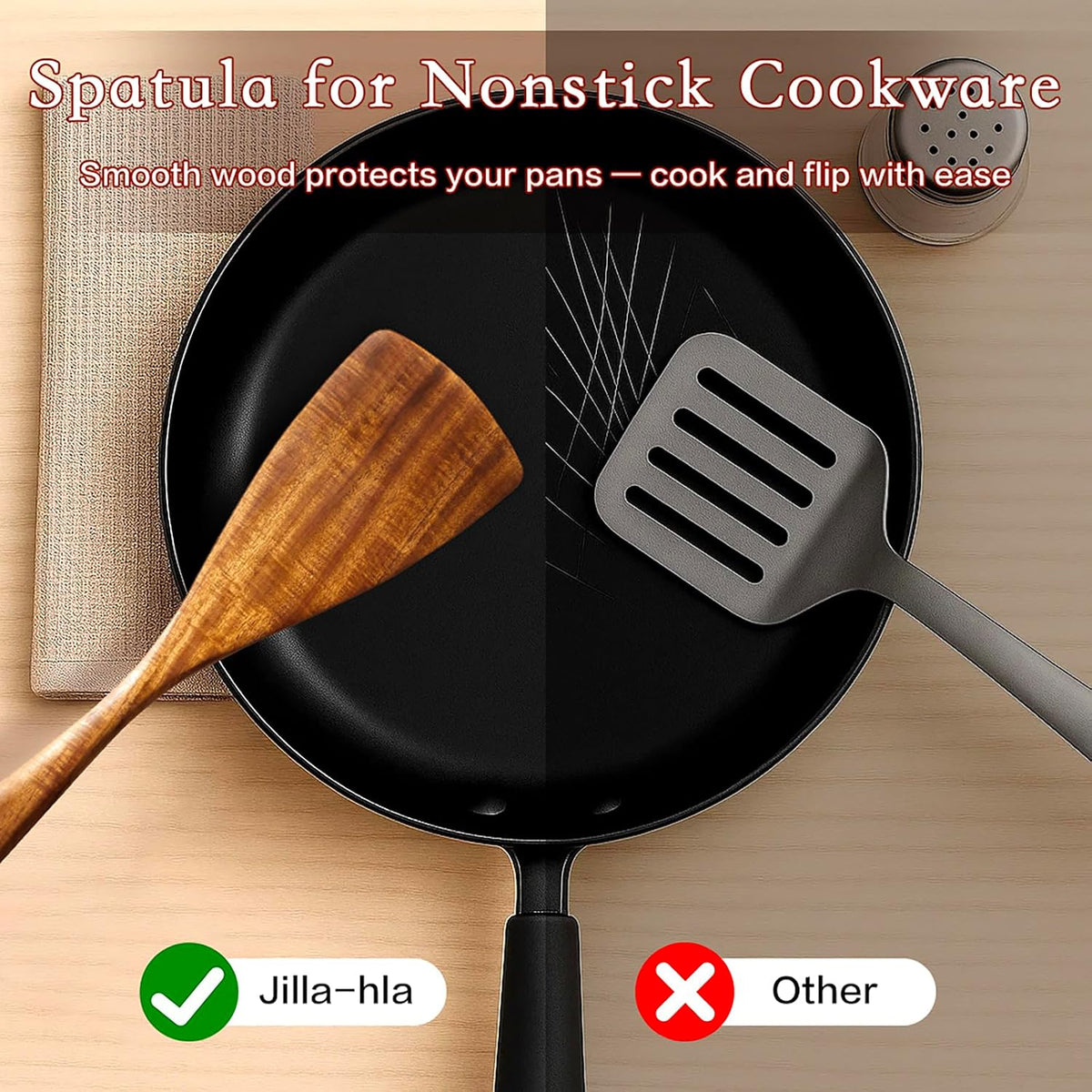 Jilla-hla Wooden Spatula Nonstick Turner Acacia Wood, Long Handle Flat Frying Spatulas Handmade for Kitchen Gifts, Ideal Cookware Utensils for Cooking Eggs, Fish, Pancakes