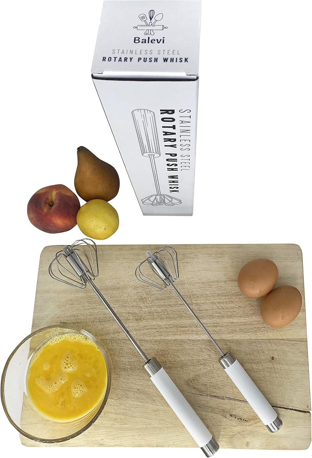 Stainless Steel Push Whisk - Easy to Use Manual Hand Mixer & Plunger Whisk - Make Froth, Foam & Whipped Cream - Semi Auto Egg Beater Plastic Tip Won’t Scratch Pans (2 Pack 10in & 12in) WHITE