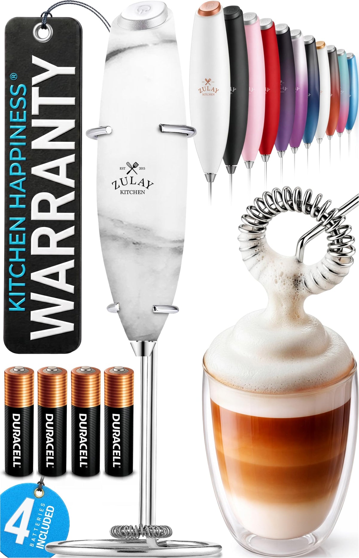 Zulay Kitchen Powerful Milk Frother Wand With Duracell Batteries - Ultra Fast Handheld Drink Mixer - Electric Whisk Foam Maker for Coffee, Lattes, Cappuccino & Matcha - Z1 Motor - Black