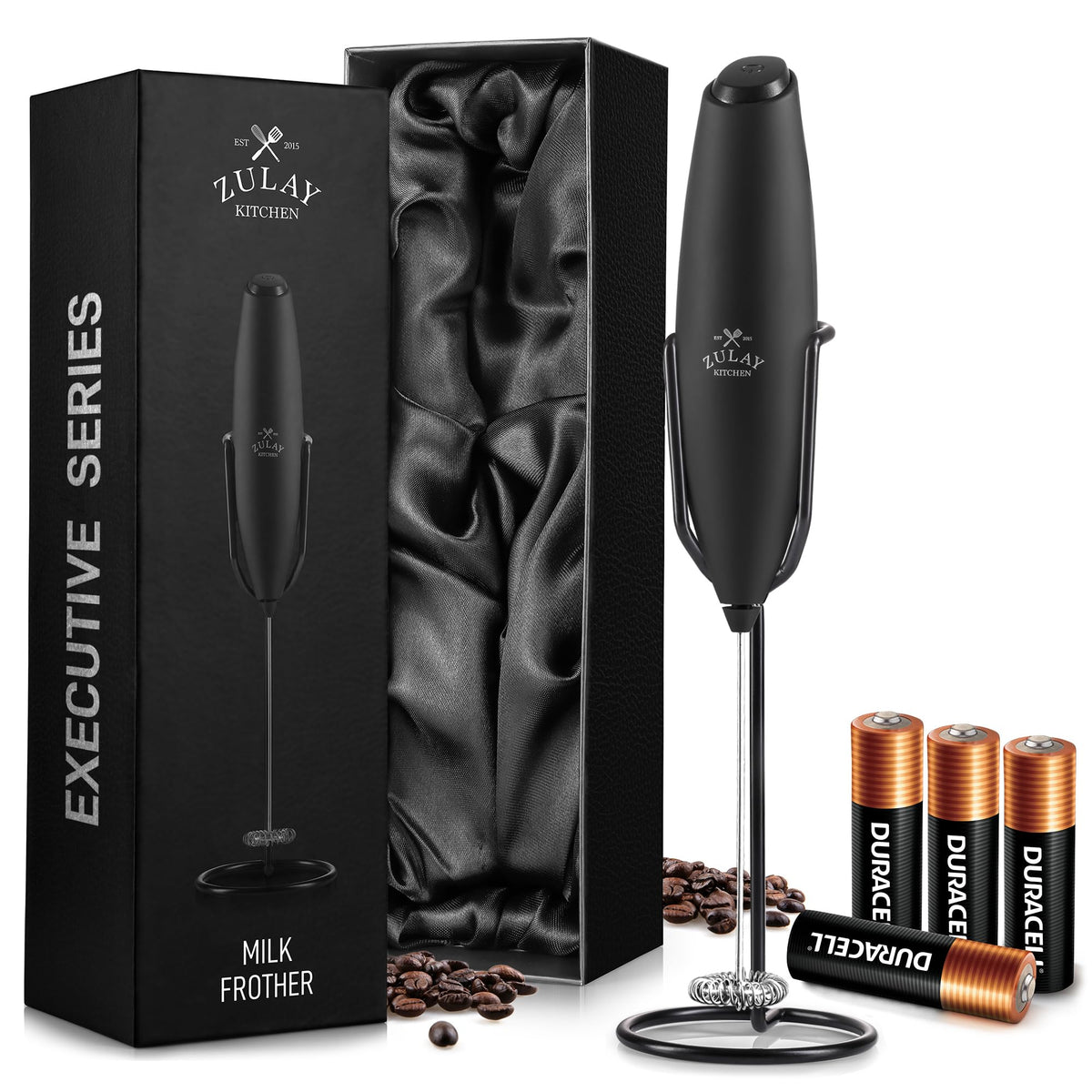Zulay Kitchen Rechargeable Milk Frother Handheld - Frother Wand, Drink Mixer, Electric Whisk Frother, for Cappuccinos, Matcha & Protein Powder - Lux 4 Whisk 2 Speed Waterproof 2000mAh Alpha Black