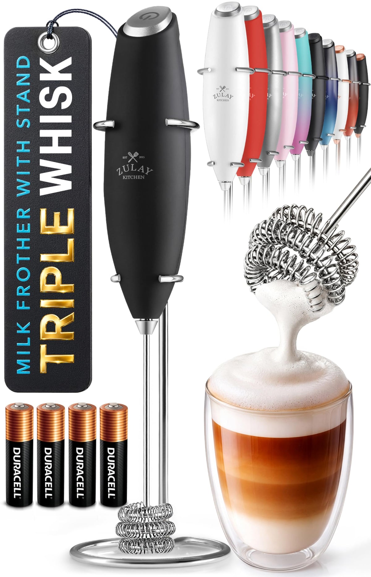 Zulay Kitchen Rechargeable Milk Frother Handheld - Frother Wand, Drink Mixer, Electric Whisk Frother, for Cappuccinos, Matcha & Protein Powder - Lux 4 Whisk 2 Speed Waterproof 2000mAh Alpha Black