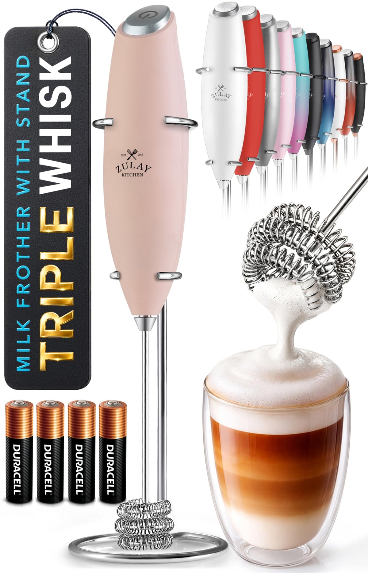 Zulay Kitchen Rechargeable Milk Frother Handheld - Frother Wand, Drink Mixer, Electric Whisk Frother, for Cappuccinos, Matcha & Protein Powder - Lux 4 Whisk 2 Speed Waterproof 2000mAh Alpha Black